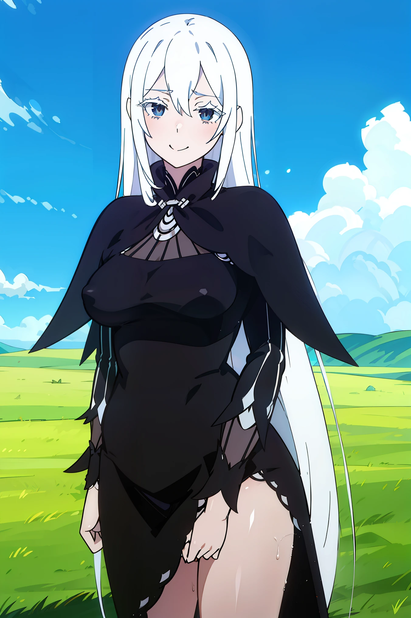 absurd, highest quality, High resolution, unity 8k wallpaper, (figure:0.8), (detailed and beautiful eyes:1.6), highly detailed face, perfect lighting, Highly detailed CG, (perfect hands, perfect anatomy),masterpiece,High resolution,perfect anatomy,cinematic lighting,anime key visual,detailed and beautiful eyes,highest quality,unity 8k wallpaper,super dense skin,white skin, echidna, brown eyes, medium breasts, hair_The decoration came off, (colored eyelash:1.1), capelet, black dress, long sleeve, (eyelash, colored eyelash:1.1), black dress, looking at the viewer, grin and laugh, Tea cup, table, outdoors, tasox, hill, plain, blue sky,white lace panties,NSFW,1 girl,1 boy,sex,thighs,