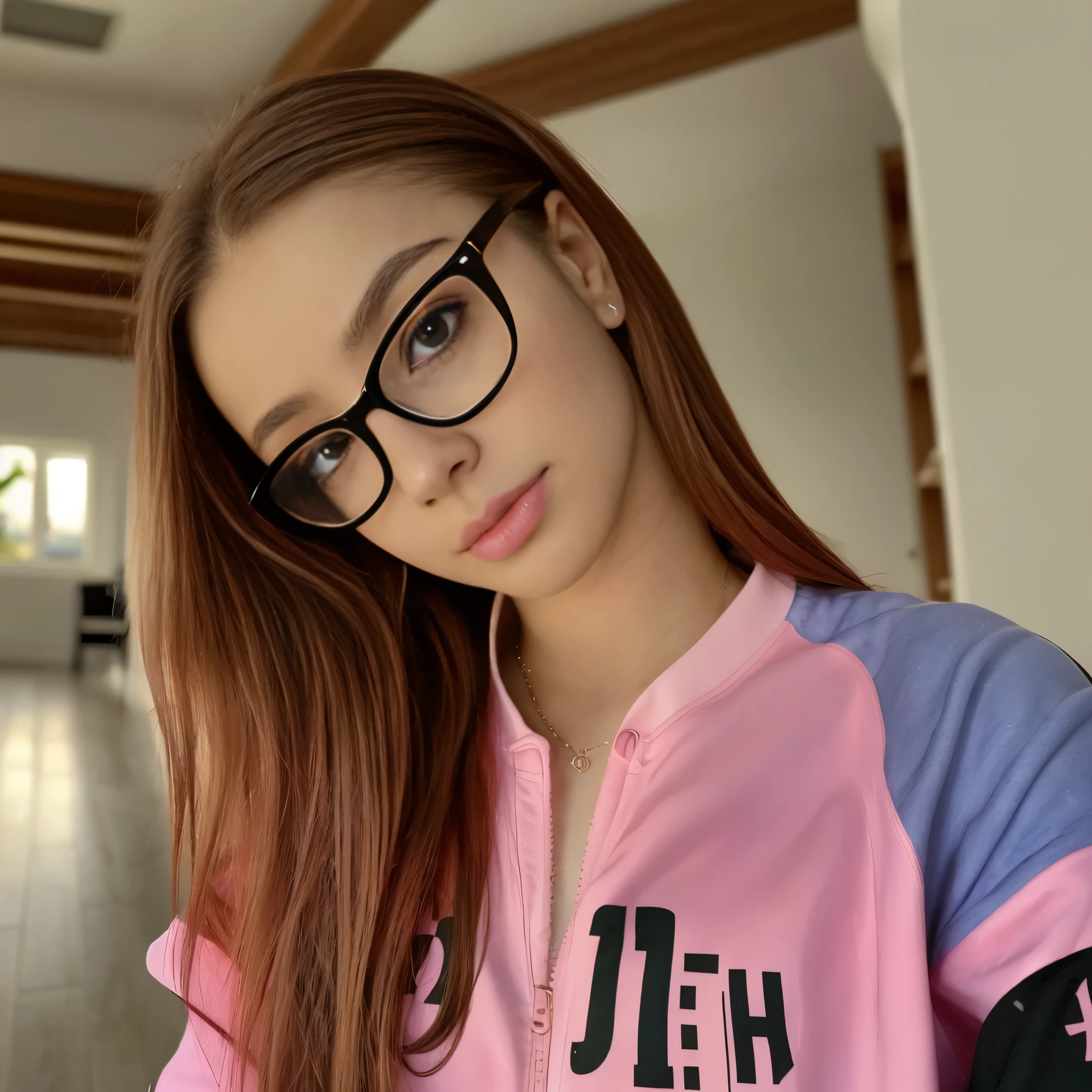 Dasha Taran sitzt auf einem Stuhl und hat eine Brille im Gesicht, Sonnenbrille, Brille tragen, Urzan, Frau mit rosafarbener Brille, Lumrat currency, wears a thin one, size, runde Brille, wears pink glasses, wears small round glasses, Portrait of Jiss Blackpink, blackpink jisoo, blackpink jisoo, square glasses, Sonnenbrille