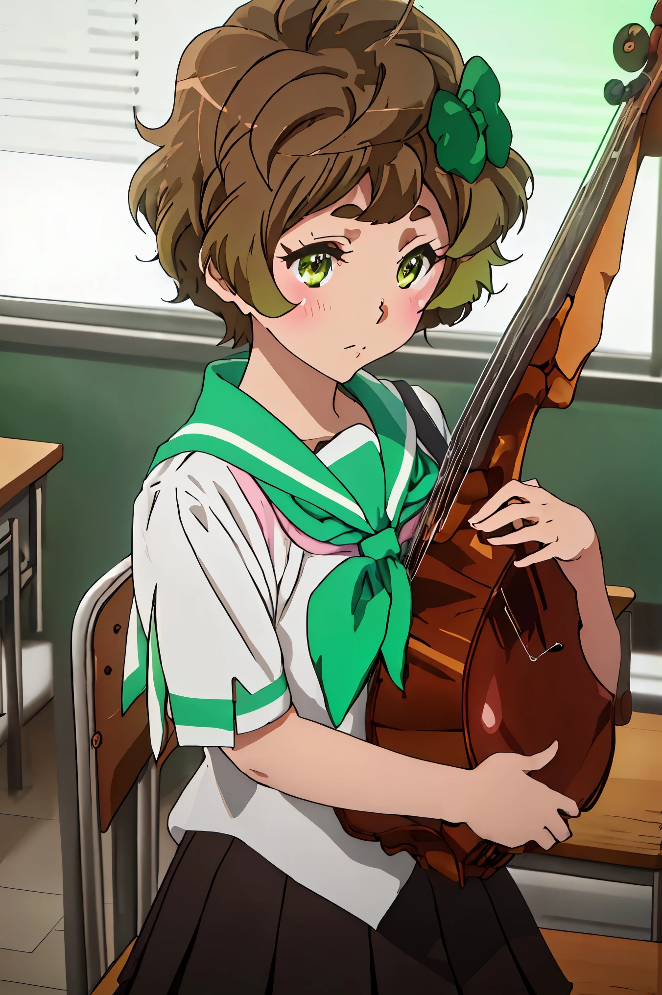 highest quality, table top, expensivet resolution, alone, {Kawashima_sapphire_Sound euphonium:1.15}, short_hair, Brown_hair, blush, bow, hair_bow, serafuku, green_eye, green_bow, Ahoge, polka_point, Brown_eye, 1 girl, green_crew_collar, Beiyuji Temple_expensive_School_uniform, crew_collar, School_uniform, shirt, white_shirt, neckerchief, short_sleeve, closed_mouth, musical instrument, 前hair, indoor, pink_neckerchief, holding_musical instrument