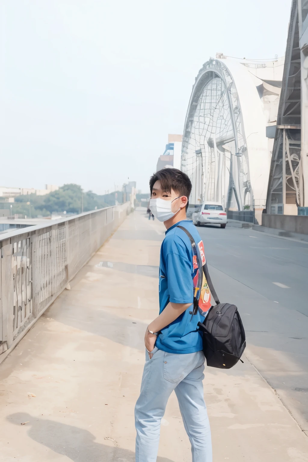 A cute Korean boy 16 years old Epic realism hyper realistic portrait, extremely cute and having long middle part hair with mask