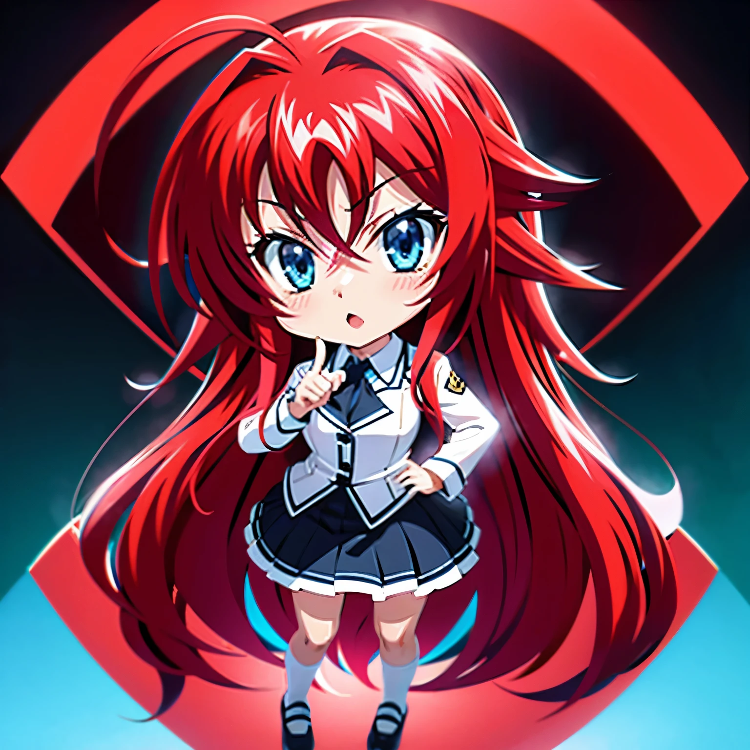 Rias Gremory anime chibi version with red hair, blue eyes, ahoge hairstyle, high school uniform, full body, Pointing index finger at herself