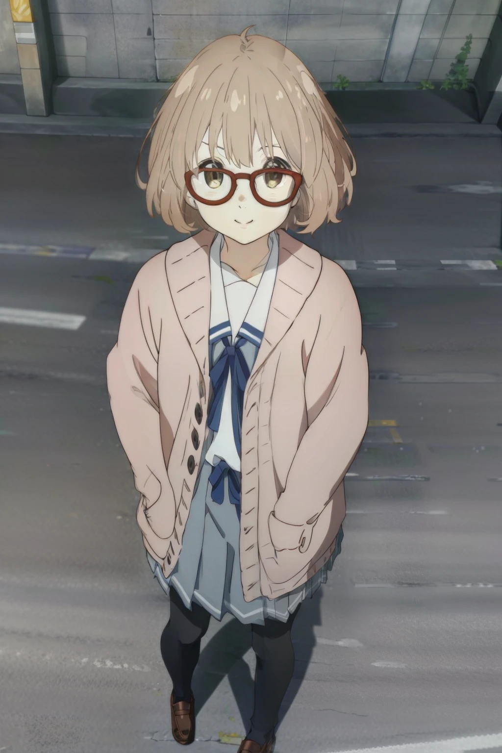 masterpiece,highest quality, super detailed, detailed face, 1 girl, Kuriyama未来, Are standing, Brown_shoes, black_leg wear, green_skirt, smile, Brown_hair, cardigan, Glasses, Kuriyama_Future, motion_OK, Open_cardigan, Open_Clothes, pantyhose, ((white_background)), pleats_skirt, red frame_glasses, School_uniform, serafuku, short_hair, skirt, alone,