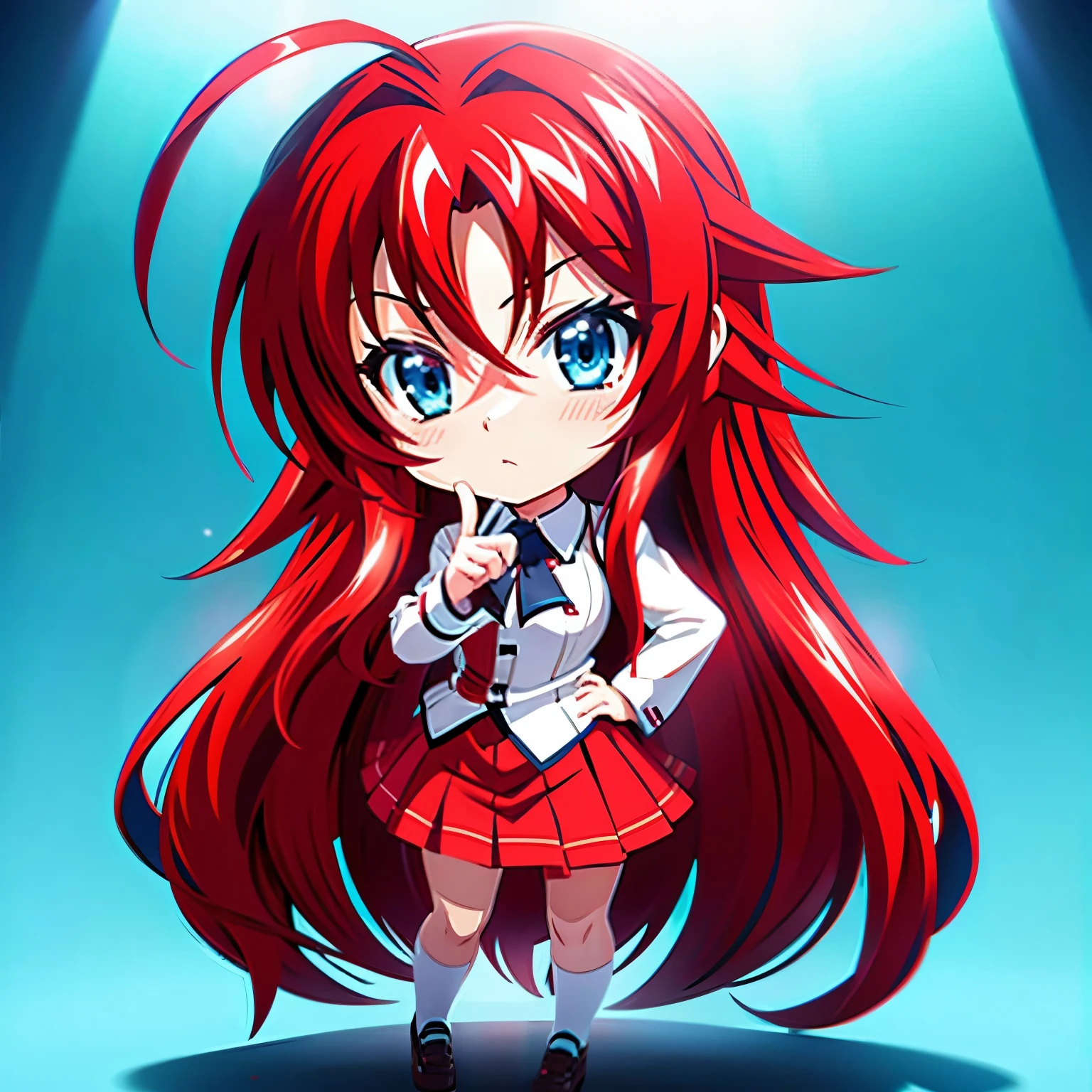 Rias Gremory anime chibi version with red hair, blue eyes, ahoge hairstyle, high school uniform, full body, Pointing index finger at herself