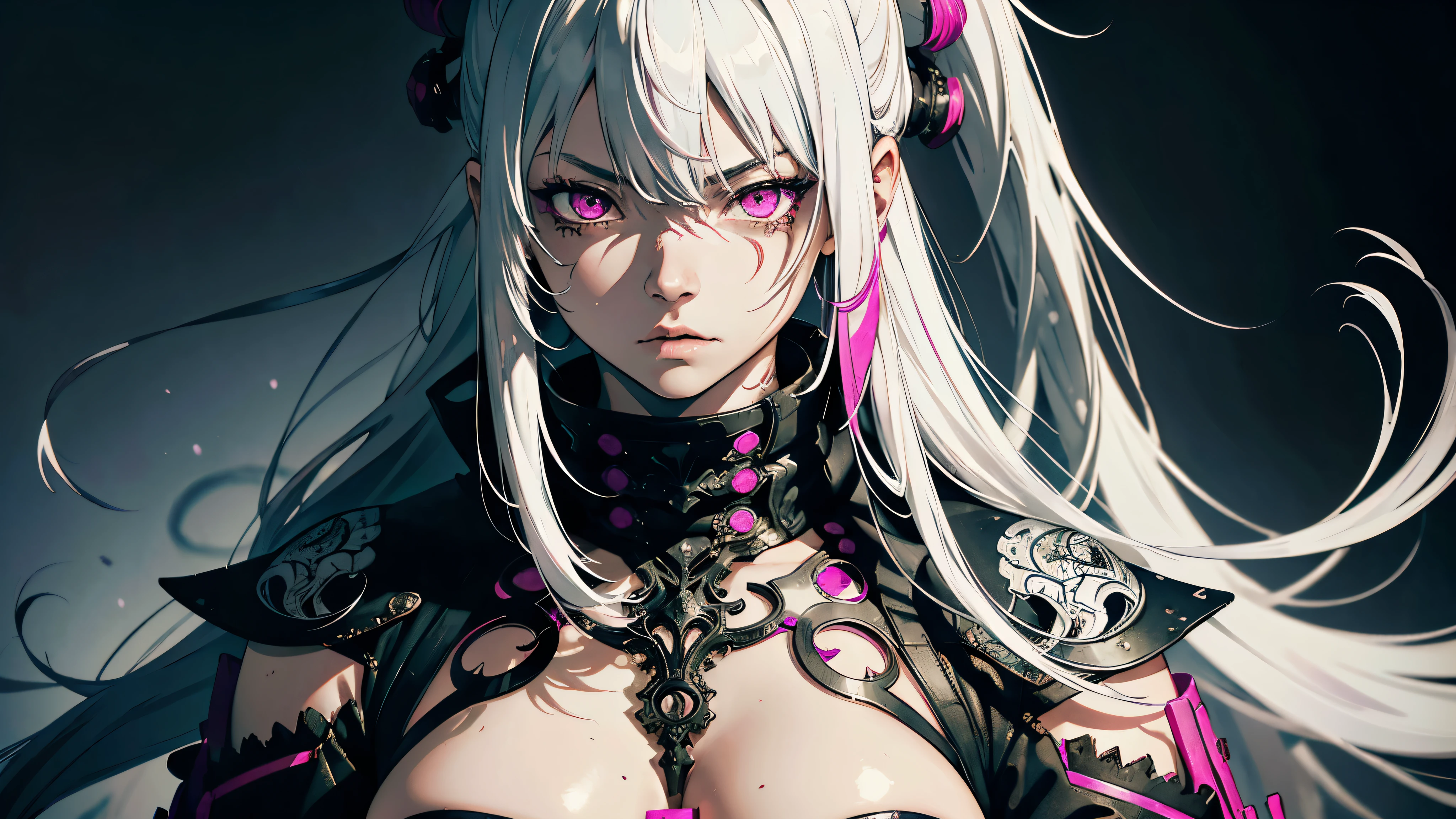 style of Tsutomu Nihei,(incredibly absurdres, (high resolution:1.18), intricate detail, (masterpiece:1.1), (highest quality:1.1), absurdres),(1girl, portrait, white hair, magenta eyes, long hair, detailed eyes),