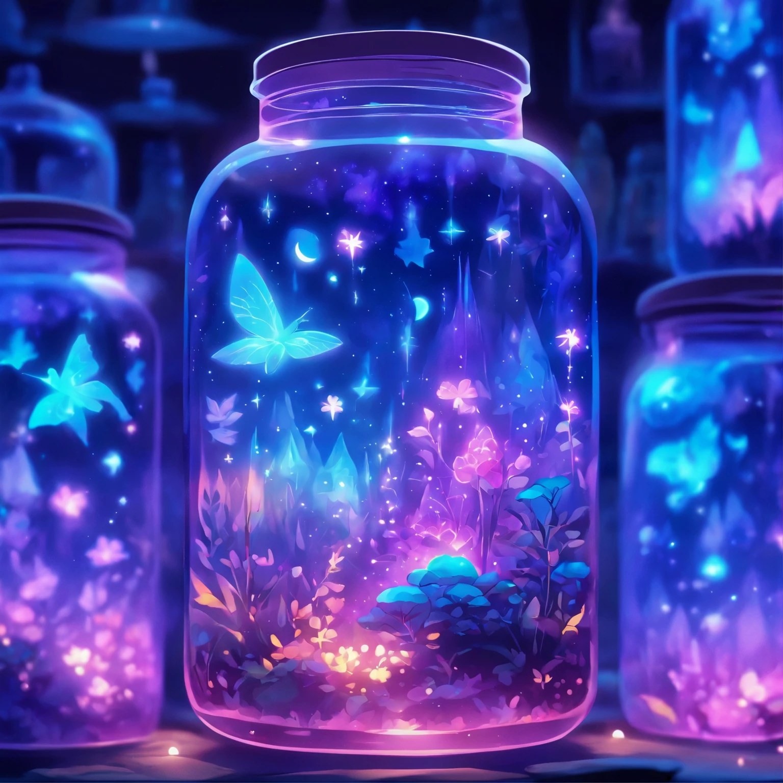 purple and blue floral design on a clear glass container, graphic of enchanted terrarium, mythical floral hills, concept art magical highlight, fantasy sticker illustration, dreamscape in a jar, magical glow, ✨🕌🌙, omori, crystal forest, magically glowing, wonderland portal, jelly glow, moonlit starry sky environment, magical background, soft airbrushed artwork.
