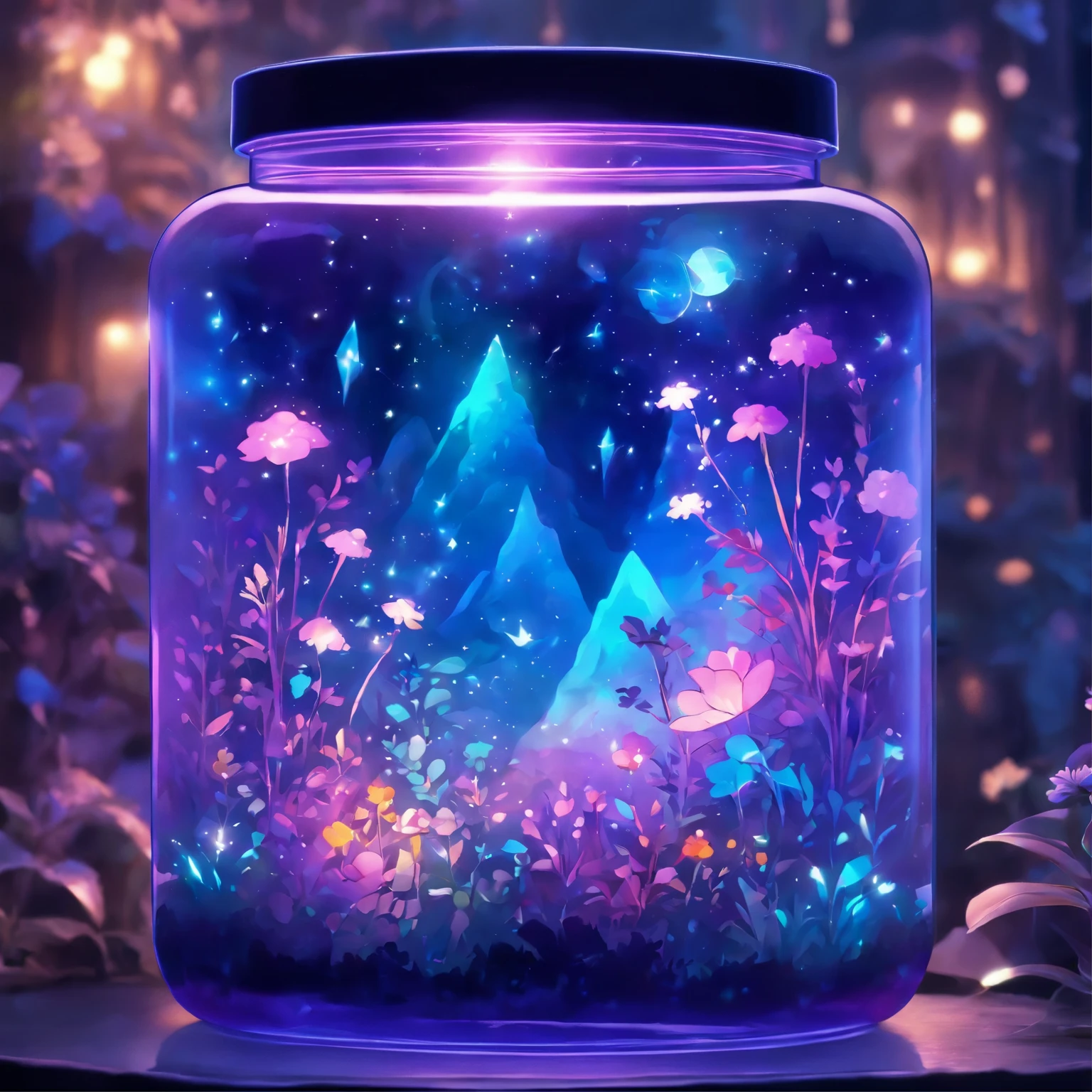 purple and blue floral design on a clear glass container, graphic of enchanted terrarium, mythical floral hills, concept art magical highlight, fantasy sticker illustration, dreamscape in a jar, magical glow, ✨🕌🌙, omori, crystal forest, magically glowing, wonderland portal, jelly glow, moonlit starry sky environment, magical background, soft airbrushed artwork.
