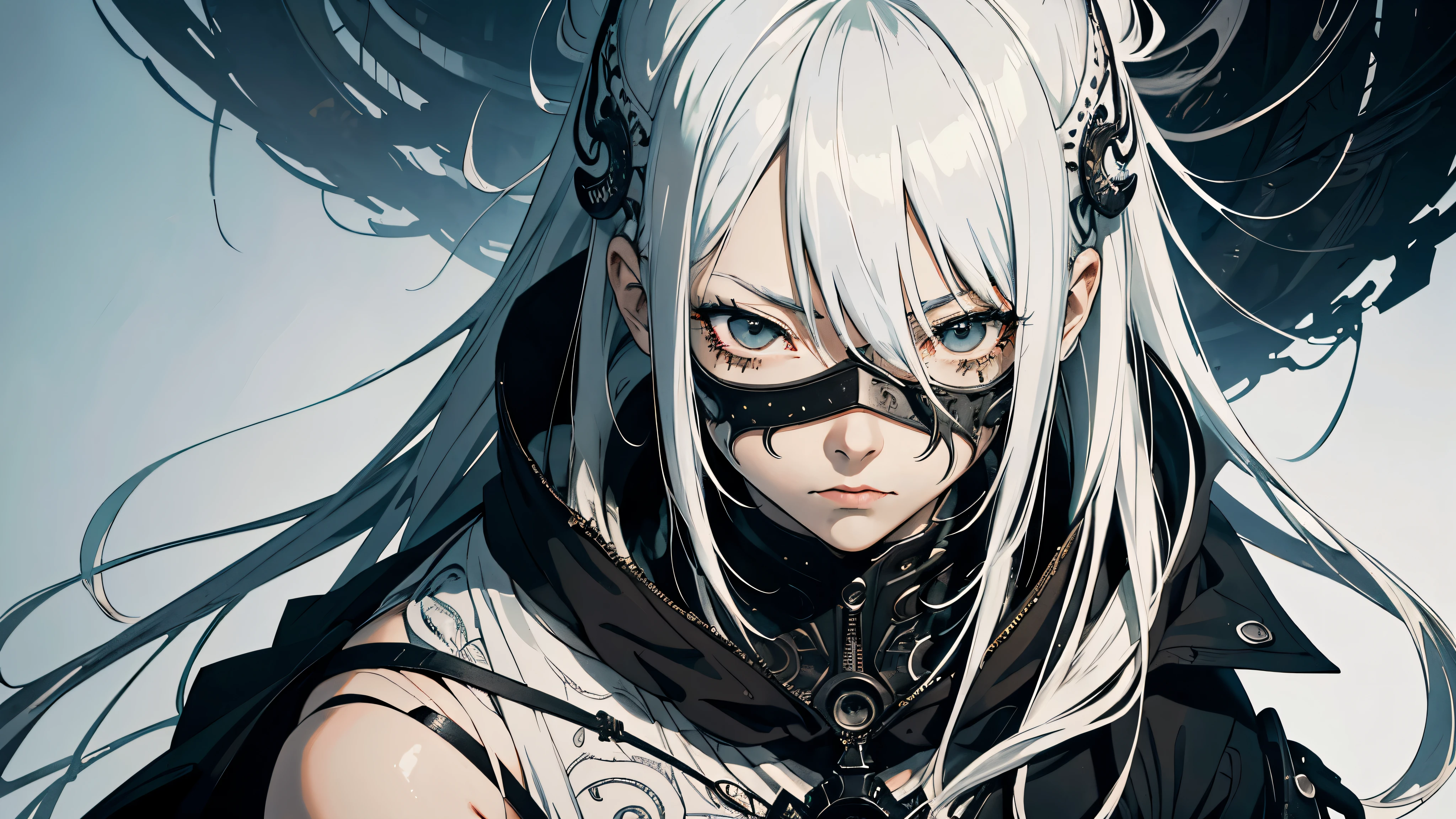 style of Tsutomu Nihei,(incredibly absurdres, (high resolution:1.18), intricate detail, (masterpiece:1.1), (highest quality:1.1), absurdres),(1girl, portrait, white hair, black eyes, long hair, detailed eyes),