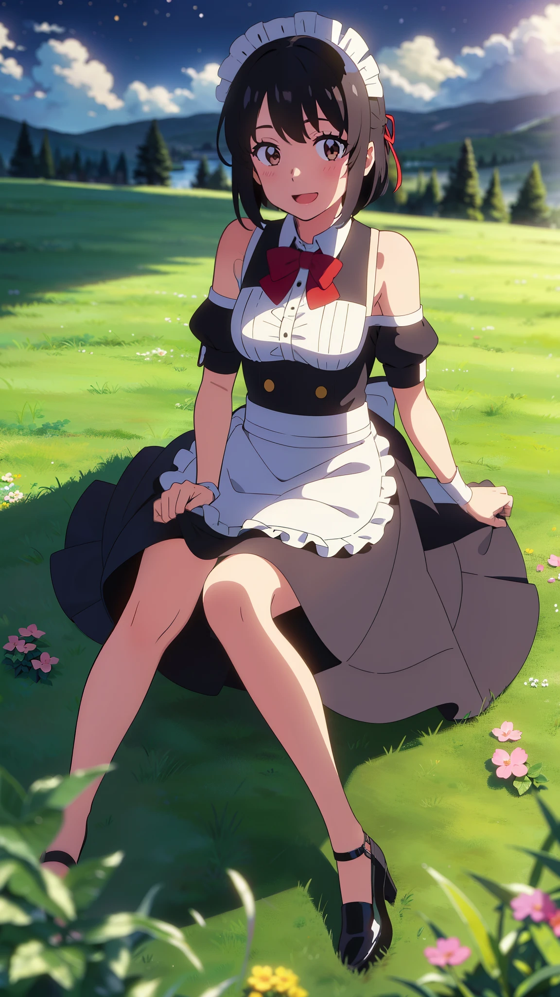 shinkai makoto, kimi no na wa., 1girl, bangs, black hair, blush, brown eyes, shiny skin, ((girl wear maid dress, Off-the-shoulders, short dress, short skirt, maid headdress)), red bow, red ribbon, short hair, smile, cute, solo, happy, open mouth, looking at viewer, flower field, Sit on grass, night, night sky, cloudy, dynamic lights