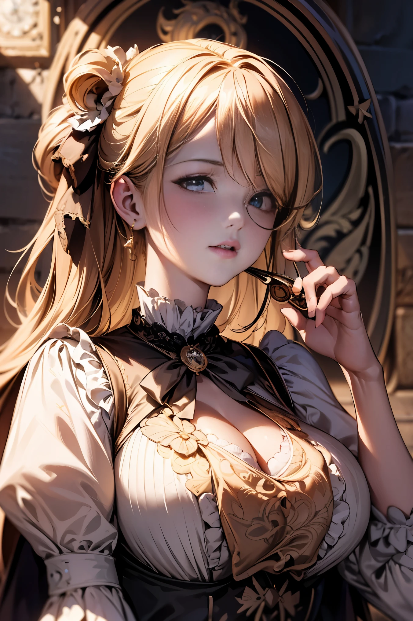 ((Super detailed illustration)), (masterpiece, 8k), (最high quality, high quality), perfect anatomy, Super detailed, Super detailed, perfect design, [beautiful g%victorian theme irl, victorian style, Light of the sun, bright colors, dramatic lighting, expressive eyes and lips, High resolution, 4K quality, realistic], (monocle:1.3)