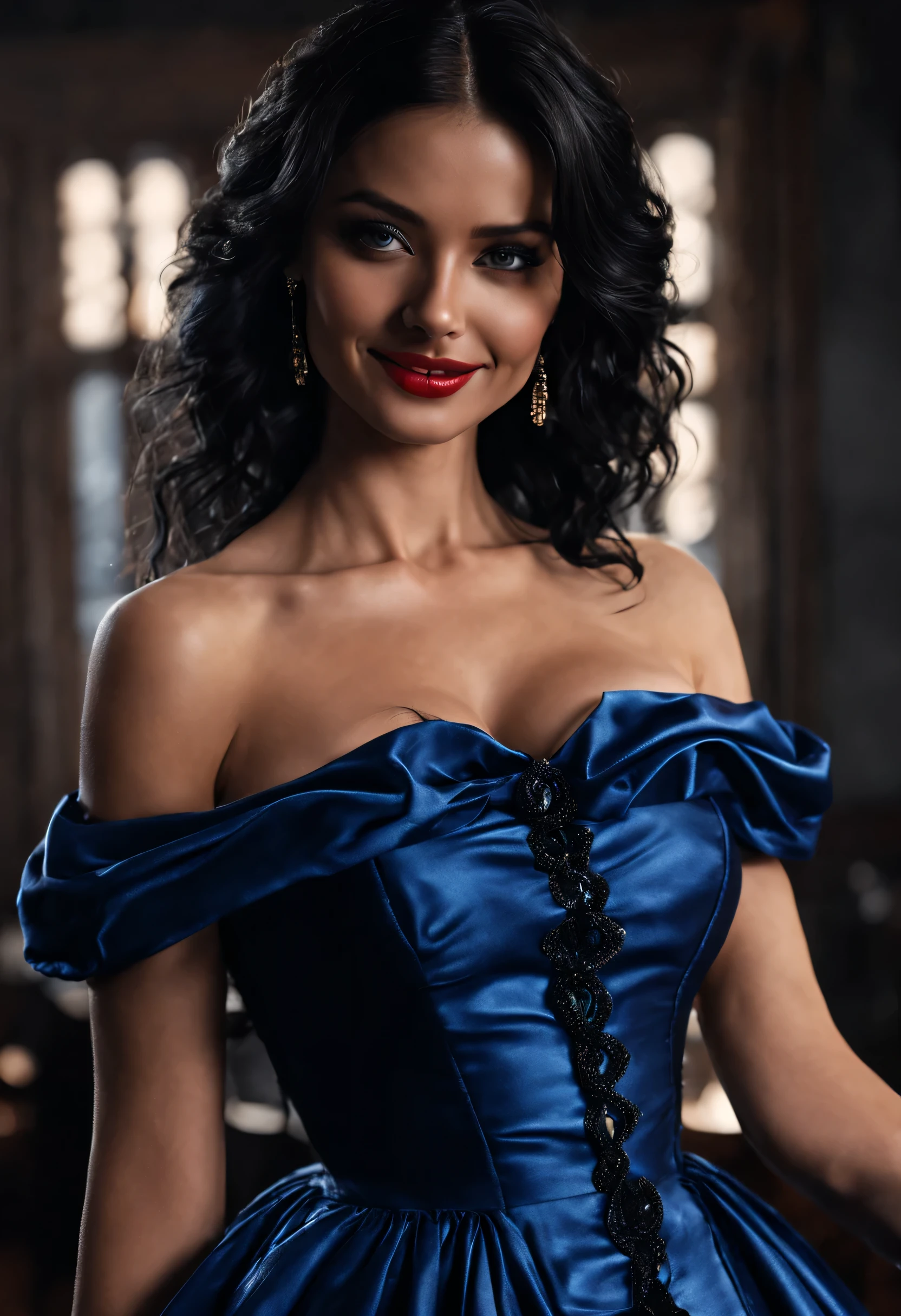 (((Valentines day theme))), ((masterpiece)), realistic skin, supreme quality, hyperdetailed, best details, best quality, best sharpness, best contrast, 8k, Ultra HD, in depth colors, best saturation, 8x ai enhancement, (((8x ai upscale))), ((dark environment)), ((waving dress)), Black hair, voluminous big 80's hair, bright blue eyes, perfect eyes, medium tits, hourglass shape, thin body, (full body picture:1.5), (((seductive smile))), hyper realism