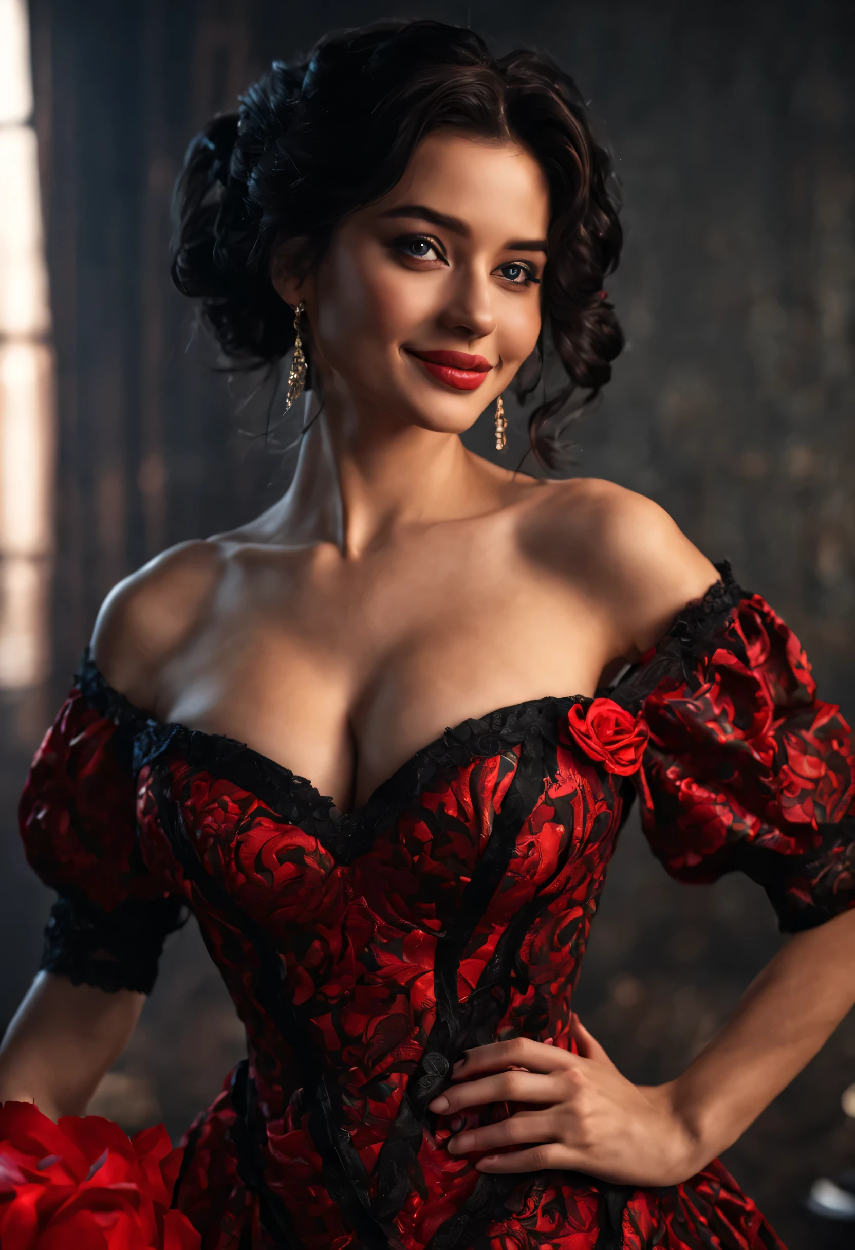 (((Valentines day theme))), ((masterpiece)), realistic skin, supreme quality, hyperdetailed, best details, best quality, best sharpness, best contrast, 8k, Ultra HD, in depth colors, best saturation, 8x ai enhancement, (((8x ai upscale))), ((dark environment)), ((waving dress)), Black hair, voluminous big 80's hair, bright blue eyes, perfect eyes, medium tits, hourglass shape, thin body, (full body picture:1.5), (((seductive smile))), hyper realism