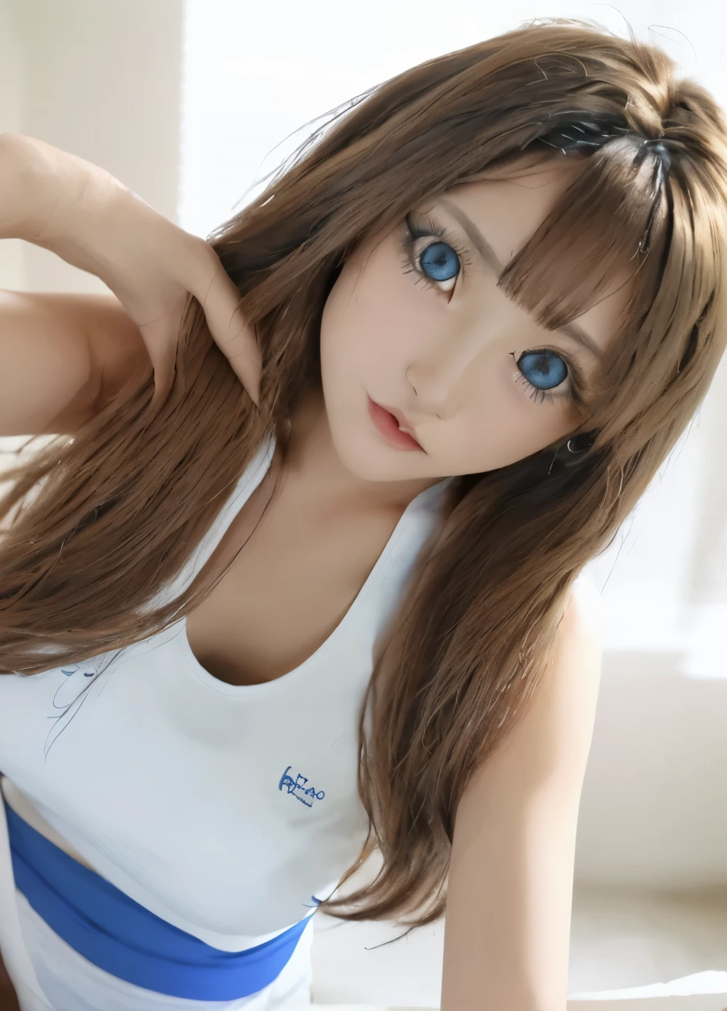 Y2K 2000’s Gyaru make up, ((doe eyes turnt down)) ((big blue eyes)) (dark skin Japanese) (white shorts), (brown hair), (all white tank top), (sexy hands), (( nice slender body)), ((up close)), ((realistic eyes))