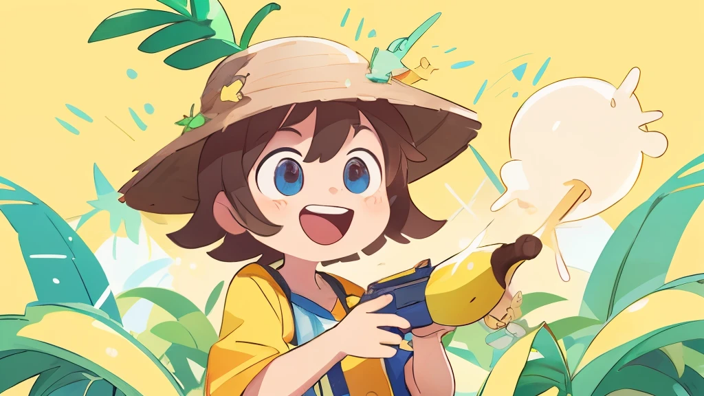 supper happy, banana hat, bananas background pattern, banana tree, yellow background, high detailed, fornite banana costume, shooting, explosion, high contrast, high saturation, guns, bananas, laughing, big eyes, smile, in a close view, front, girly brown hair, blue eyes