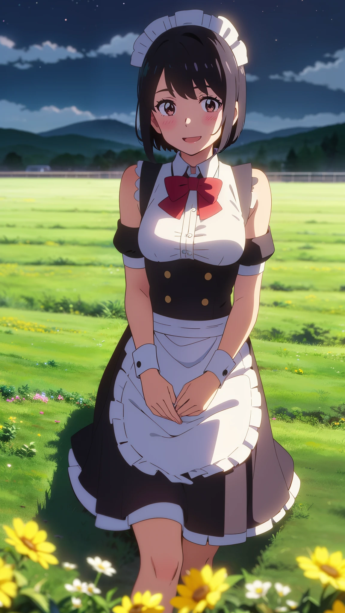 shinkai makoto, kimi no na wa., 1girl, bangs, black hair, blush, brown eyes, shiny skin, ((girl wear maid dress, Off-the-shoulders, short dress, short skirt, maid headdress)), red bow, red ribbon, short hair, smile, cute, solo, happy, open mouth, looking at viewer, flower field, Sit on grass, night, night sky, cloudy, dynamic lights
