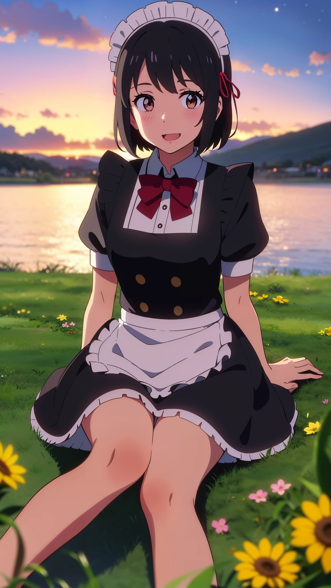 shinkai makoto, kimi no na wa., 1girl, bangs, black hair, blush, brown eyes, shiny skin, ((girl wear maid dress, short dress, short skirt, maid headdress)), Off-the-shoulders, red bow, red ribbon, short hair, smile, cute, solo, happy, open mouth, looking at viewer, flower field, Sit on grass, night, night sky, cloudy, dynamic lights