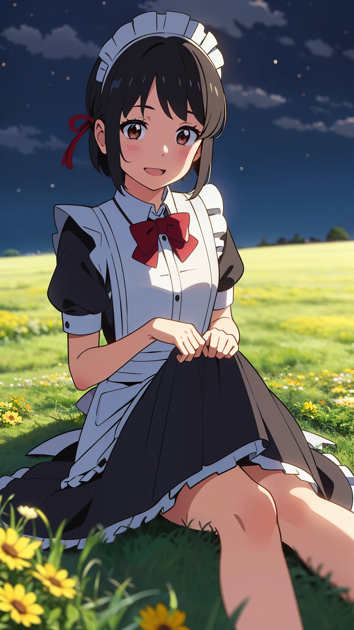shinkai makoto, kimi no na wa., 1girl, bangs, black hair, blush, brown eyes, shiny skin, ((girl wear maid dress, short dress, short skirt, maid headdress)), Off-the-shoulders, red bow, red ribbon, short hair, smile, cute, solo, happy, open mouth, looking at viewer, flower field, Sit on grass, night, night sky, cloudy, dynamic lights