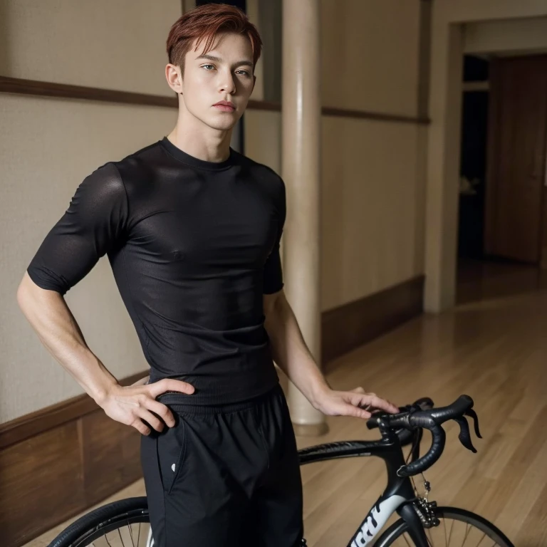 Boy, male body, adult, girl face, seductive face, seductive look, redhead, short wolf hair, perfect body, fit body, fulfilled sleeve shirt, muscular, , cycling shorts with pretuberance, pretuberance, sissy, femboy