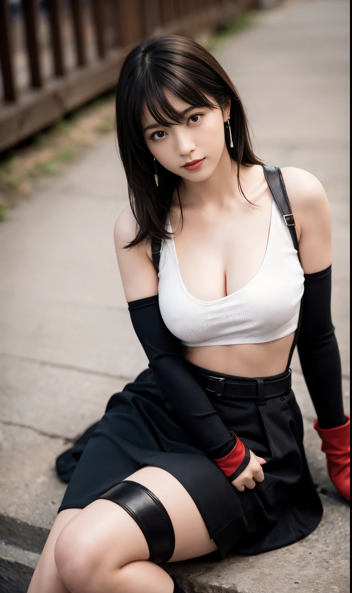 tifa ff7, red eyes, low-tied long hair, earrings, white crop top, suspenders, black miniskirt, pencil skirt, arm warmers, black elbow gloves, elbow pads, red gloves, red footwear, cleavage, colossal tits, (smiling:0.5)