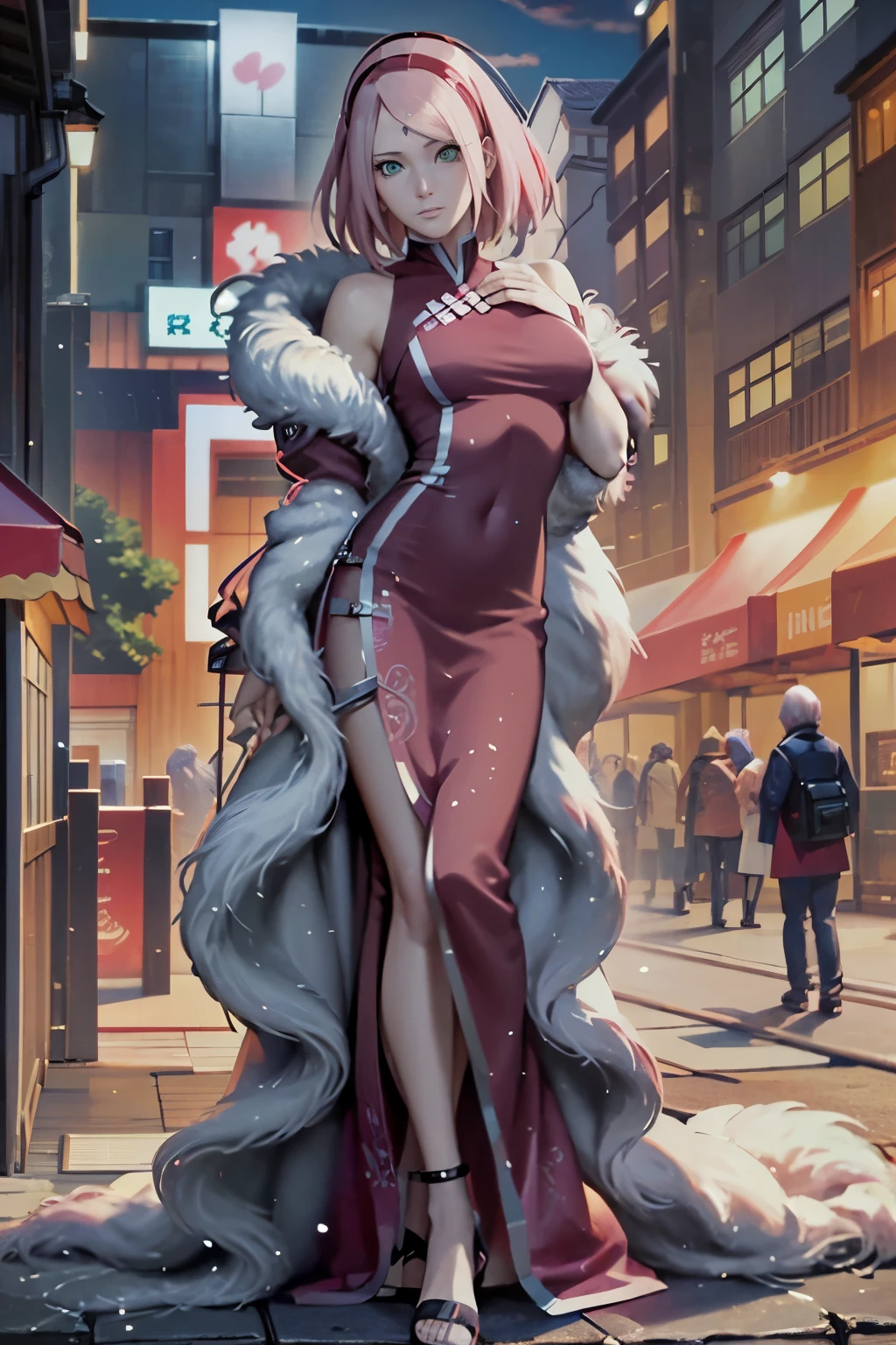 Change her face to Sakura Haruno from Naruto with beautiful face and beautiful green eyes with long eyelashes and beautiful pink small lips, change her hair color to pink , moree pink please and more details of her dress