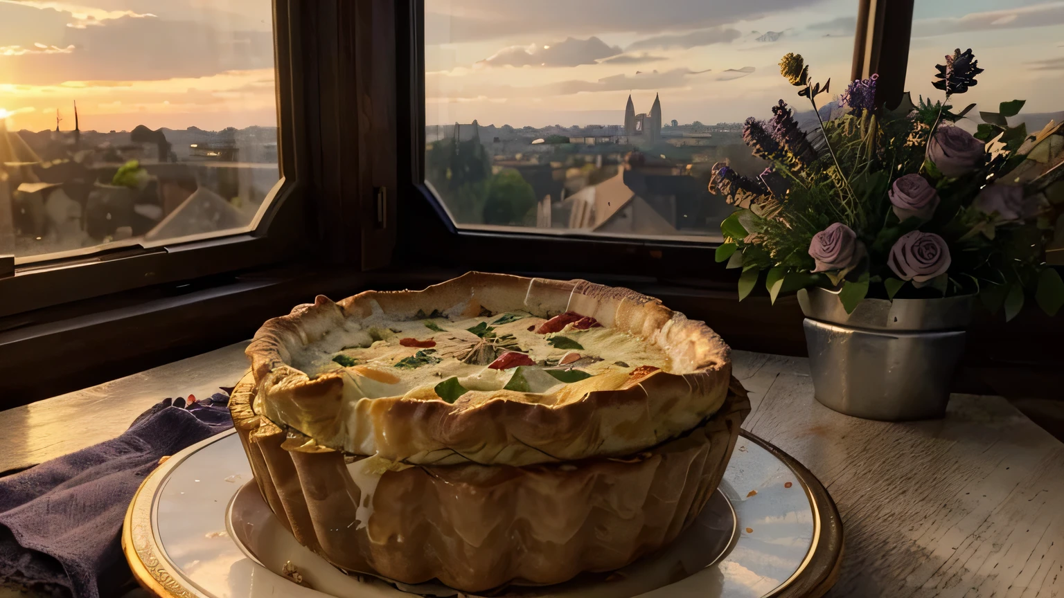 A photorealistic painting in the style of the Renaissance, featuring a giant, rustic quiche as the centerpiece. The crust is golden brown and flaky, overflowing with a vibrant mix of colorful vegetables, tender meats, and creamy cheeses. Soft, warm light bathes the scene, reminiscent of a candlelit dinner. In the background, hint at a romantic setting (medieval castle at sunset, cozy kitchen window, etc.). Scatter delicate flowers (roses, lavender) around the quiche. Include two flagons with a hint of steam, positioned near the quiche to suggest a shared meal. (a love letter peeking out from under the quiche), wood burning stove. masterpiece, 8k, high octane render,