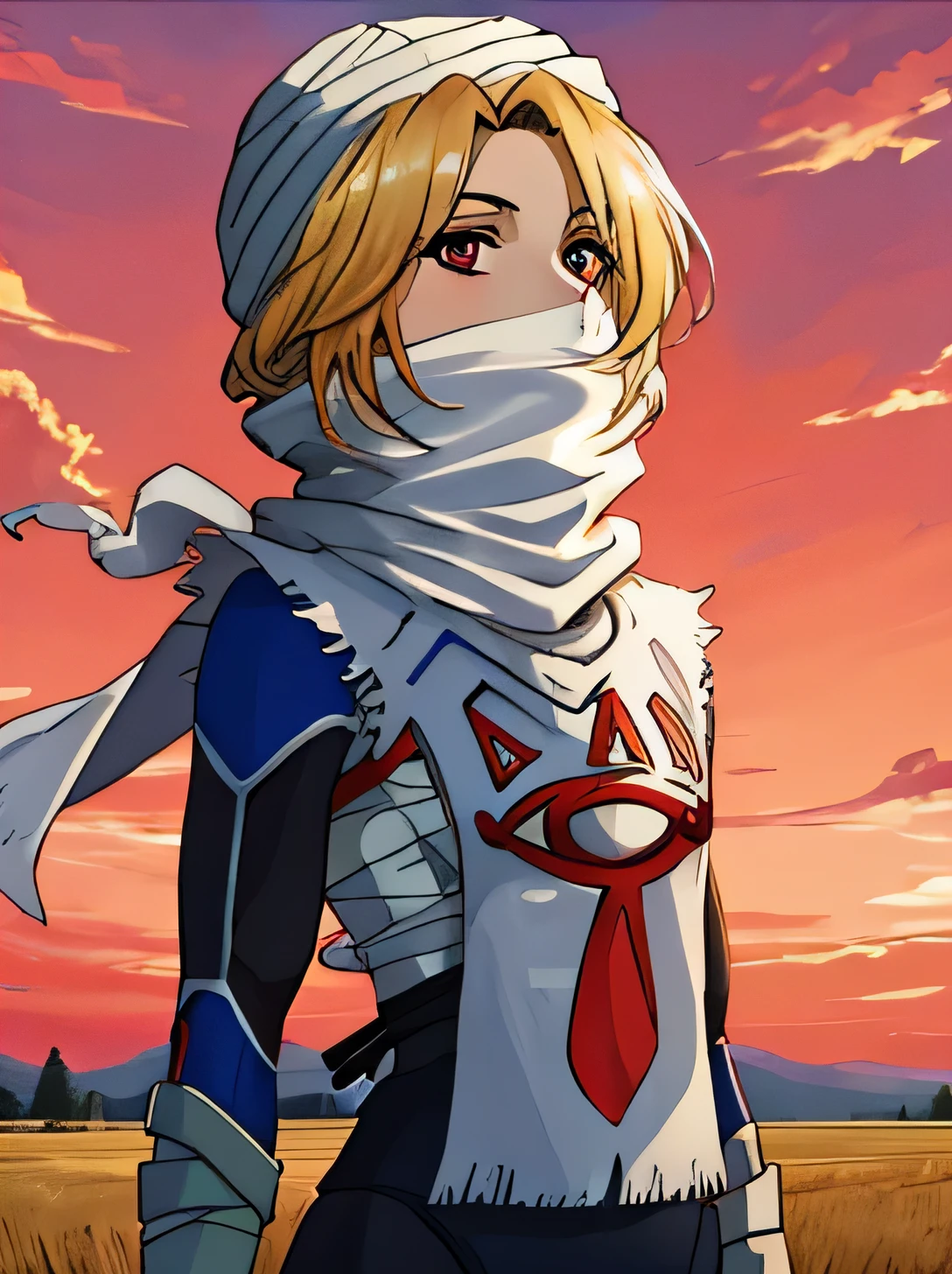 masterpiece, best quality, lozsheik, 1girl, turban, covered mouth, scarf, blue bodysuit, surcoat, bandages, standing, upper body, looking at viewer, furrowed brow, red sky, field, clouds 