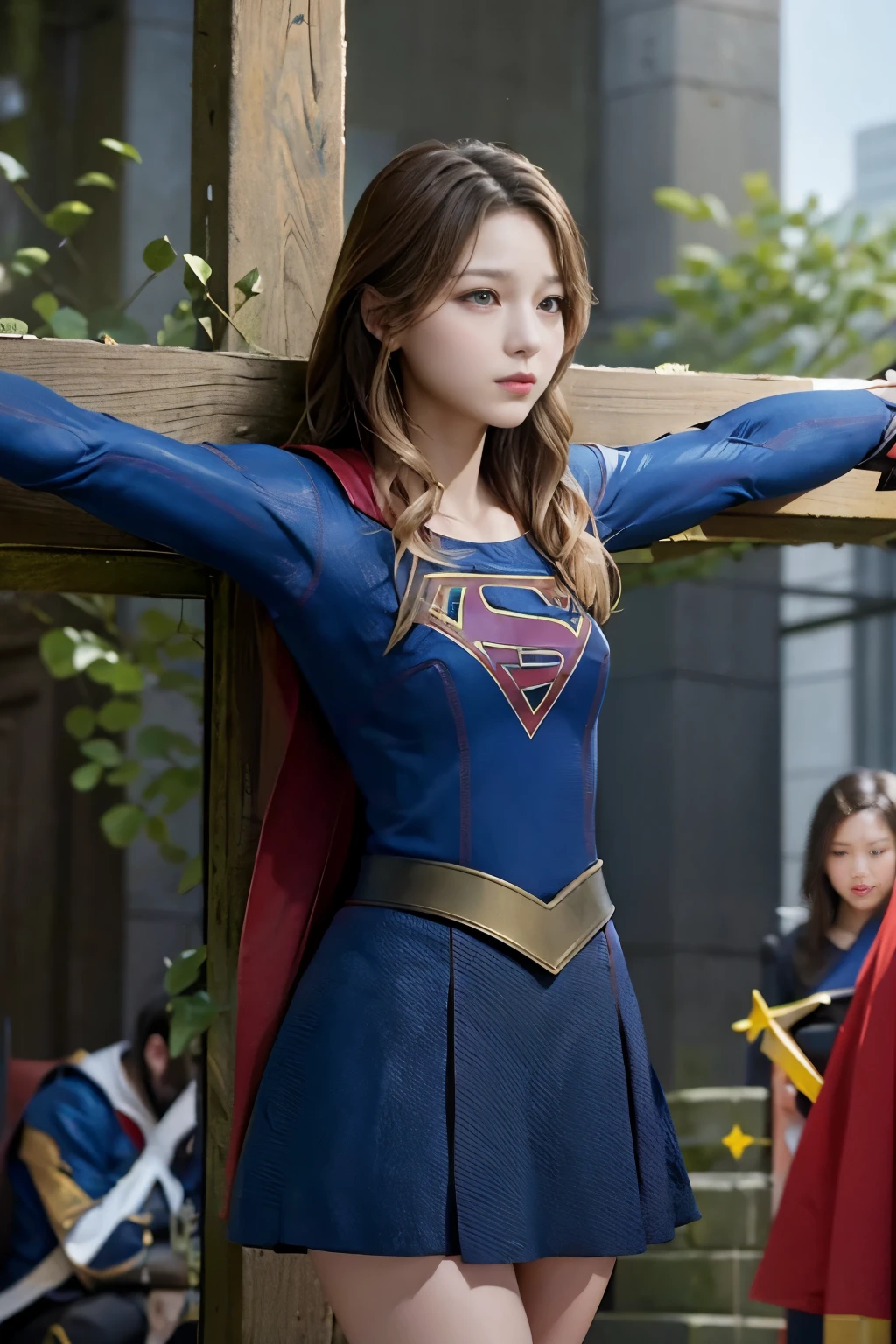 highest quality,masterpiece,UHD, Super detailed, 8K,(Beautiful woman),一人のBeautiful woman,((crucifixion)),(cross),(execution),((incontinence)),scared,torture,slave,((crossにcrucifixionにされた女性:1.5)),crucifixion刑,(supergirl),torn costume
