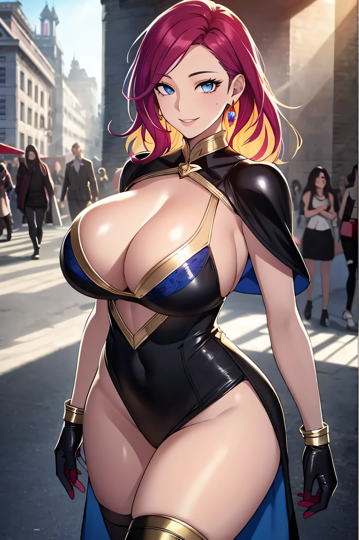 Lian, magenta hair, hair stick, bangs, blue eyes, solo, smiling, standing, upper body, hips, bare shoulders,purple thighhighs, black dress, gold jewelry,armor,gloves,circlet, cleavage, red and gold royal castle, gigantic breasts, (best quality, masterpiece, beautiful and aesthetic:1.2, highest detailed face, perfect face,) eyes, perfect face,expressive eyes,
looking at viewer, in the center of the image,(Upper_body),(Focus on her face),
official art,extremely detailed CG unity 8k wallpaper, perfect lighting,Colorful, Bright_Front_face_Lighting,shiny skin,
(masterpiece:1.0),(best_quality:1.0), ultra high res,4K,ultra-detailed
