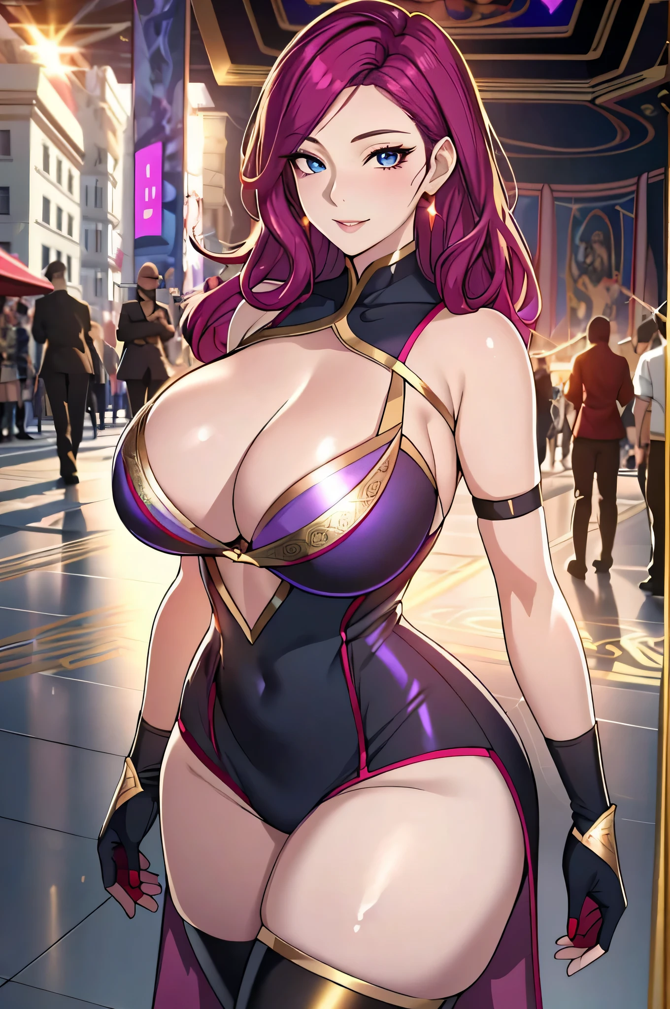 Lian, magenta hair, hair stick, bangs, blue eyes, solo, smiling, standing, upper body, hips, bare shoulders,purple thighhighs, black dress, gold jewelry,armor,gloves,circlet, cleavage, red and gold royal castle, gigantic breasts, (best quality, masterpiece, beautiful and aesthetic:1.2, highest detailed face, perfect face,) eyes, perfect face,expressive eyes,
looking at viewer, in the center of the image,(Upper_body),(Focus on her face),
official art,extremely detailed CG unity 8k wallpaper, perfect lighting,Colorful, Bright_Front_face_Lighting,shiny skin,
(masterpiece:1.0),(best_quality:1.0), ultra high res,4K,ultra-detailed