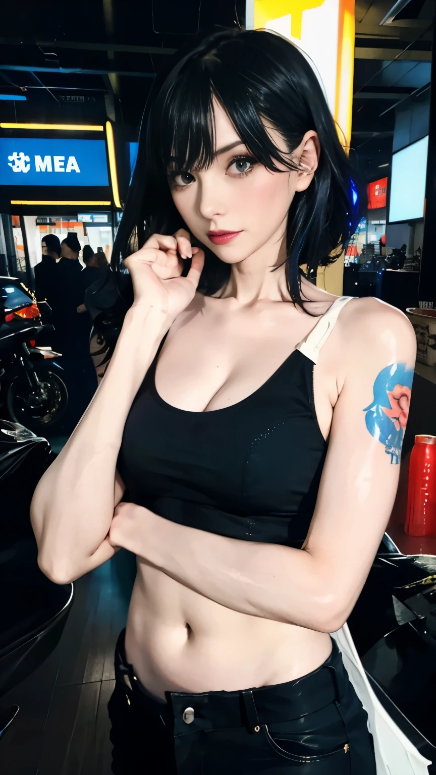 (highest quality)，masterpiece，Super detailed，8K, UHD，Beautiful woman，japanese woman，No expression，whole body，((tattoo))，slim，black slacks，white tank top，(female mafia)，gangster，(cyberpunk city)，night，cinematic lightening，underworld