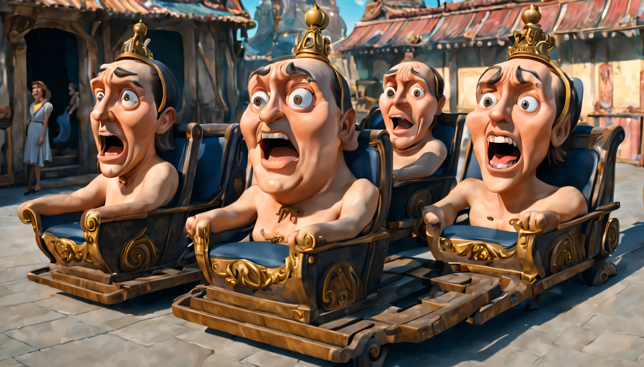 A wide shot of a themepark ride boarding area where a group of carts shaped like Napoleon Bonaparte’s head open up by the tops unhinging to reveal four seats for the riders. Cartoon, Tex Avery Style funny, line drawing American Cartoon Art, 16k