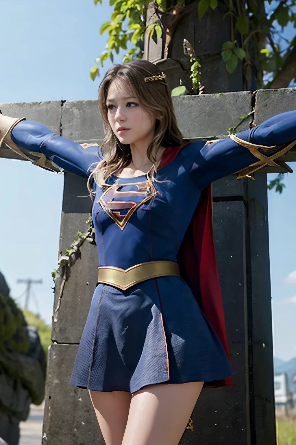 highest quality,masterpiece,UHD, Super detailed, 8K,(Beautiful woman),一人のBeautiful woman,((crucifixion)),(cross),(execution),((incontinence)),scared,torture,slave,((crossにcrucifixionにされた女性:1.5)),crucifixion刑,(supergirl),torn costume