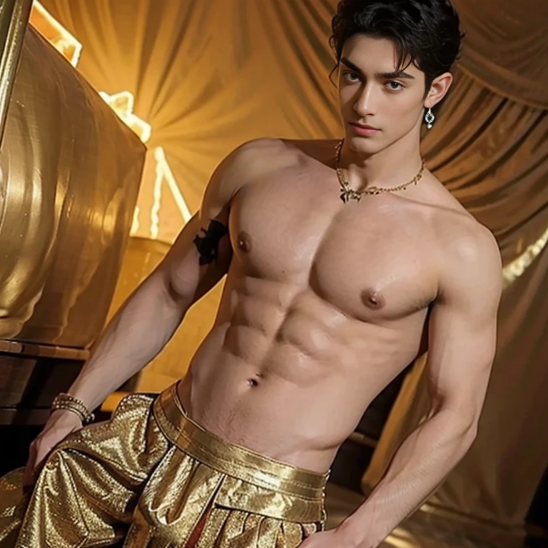 a man in a billowing gold chiffon male belly dance outfit is posing for a picture, handsome prince of persia, attractive male deity, brown skin man egyptian prince, beautiful androgynous prince, ashoka tano, delicate androgynous prince, hindu aesthetic, djinn human hybrid, handsome prince, heroic masculine pose, prince, male warrior, djinn man male demon, persian warrior, beautiful face