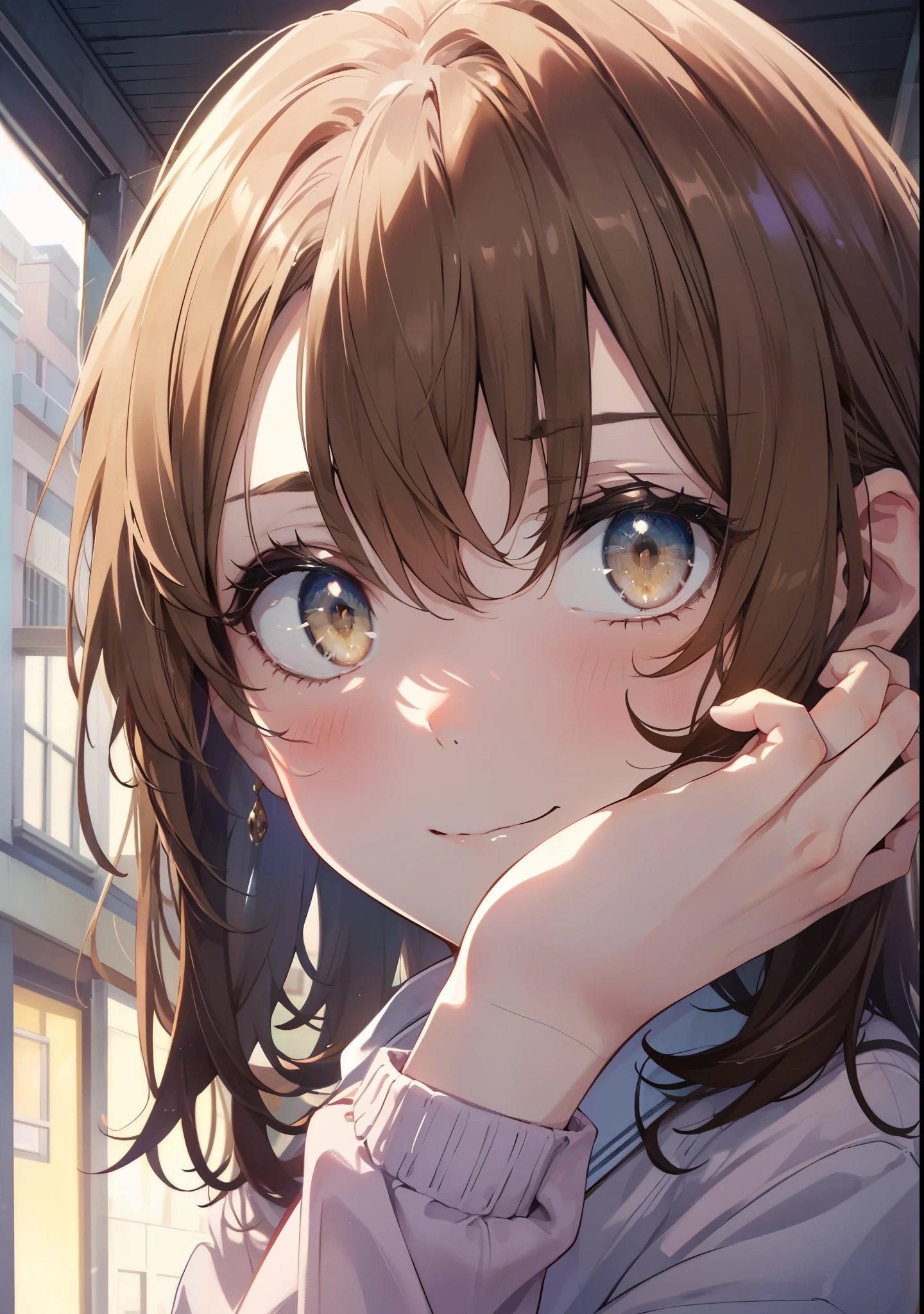 irohaisshiki, Isshiki Iroha, long hair, light brown hair, (brown eyes:1.5), smile,T-shirt,short pajama pants,thin long cardigan　The front is open,barefoot,テーブルの上にmorning食セットが置いてある,window　building street,Sunlight through the gap between buildings,morning,日の出
break indoors, living,
break looking at viewer,
break (masterpiece:1.2), highest quality, High resolution, unity 8k wallpaper, (shape:0.8), (beautiful and detailed eyes:1.6), highly detailed face, perfect lighting, Very detailed CG, (perfect hands, perfect anatomy),