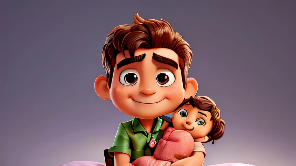 Pablo, a forty year old man with a buzz cut haircut, Una mascara, brazos fuertes con un tatuaje tribal en uno de ellos, vestido con una camisa de manga corta de color verde oscuro y jeans, sentado en una silla, sosteniendo a lucia, A newborn baby, en sus brazos. , Grandes ojos negros, long eyelashes, small nose, very short hair with a small red bow in her hair, envuelto en una manta rosa, sonriendo amorosamente a su padre, consistencia en el personaje, Estilo Disney Pixar. Fondo blanco.