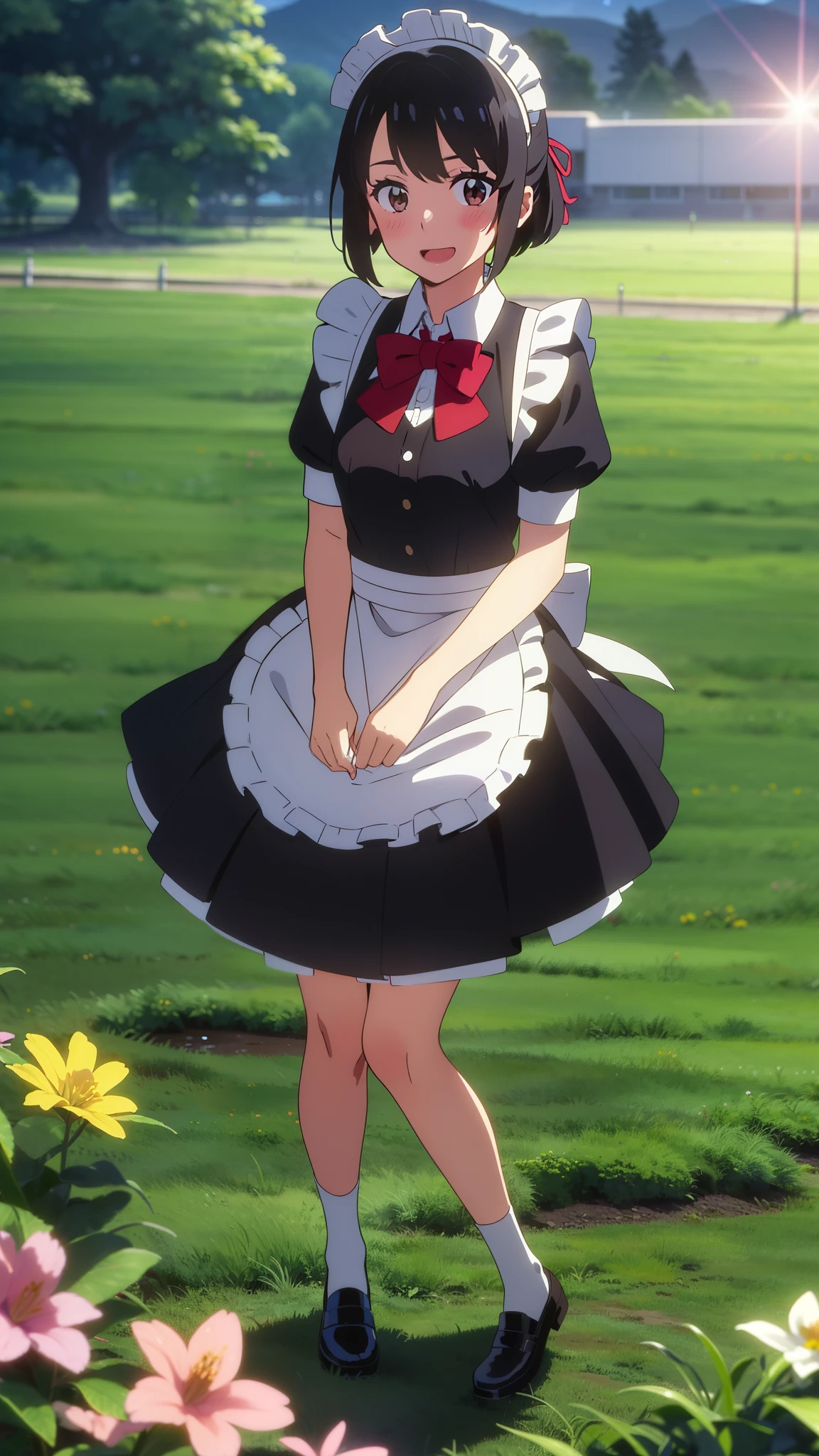 shinkai makoto, kimi no na wa., 1girl, bangs, black hair, blush, brown eyes, shiny skin, ((girl wear maid dress, short dress, short skirt, maid headdress)), Off-the-shoulders, red bow, red ribbon, short hair, smile, cute, solo, happy, open mouth, looking at viewer, flower field, Sit on grass, night, night sky, cloudy, dynamic lights