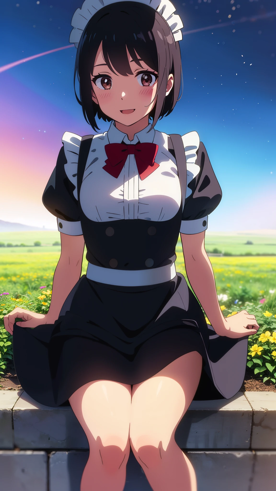 shinkai makoto, kimi no na wa., 1girl, bangs, black hair, blush, brown eyes, shiny skin, ((girl wear maid dress, short dress, short skirt, maid headdress)), Off-the-shoulders, red bow, red ribbon, short hair, smile, cute, solo, happy, open mouth, looking at viewer, flower field, Sit on grass, night, night sky, cloudy, dynamic lights