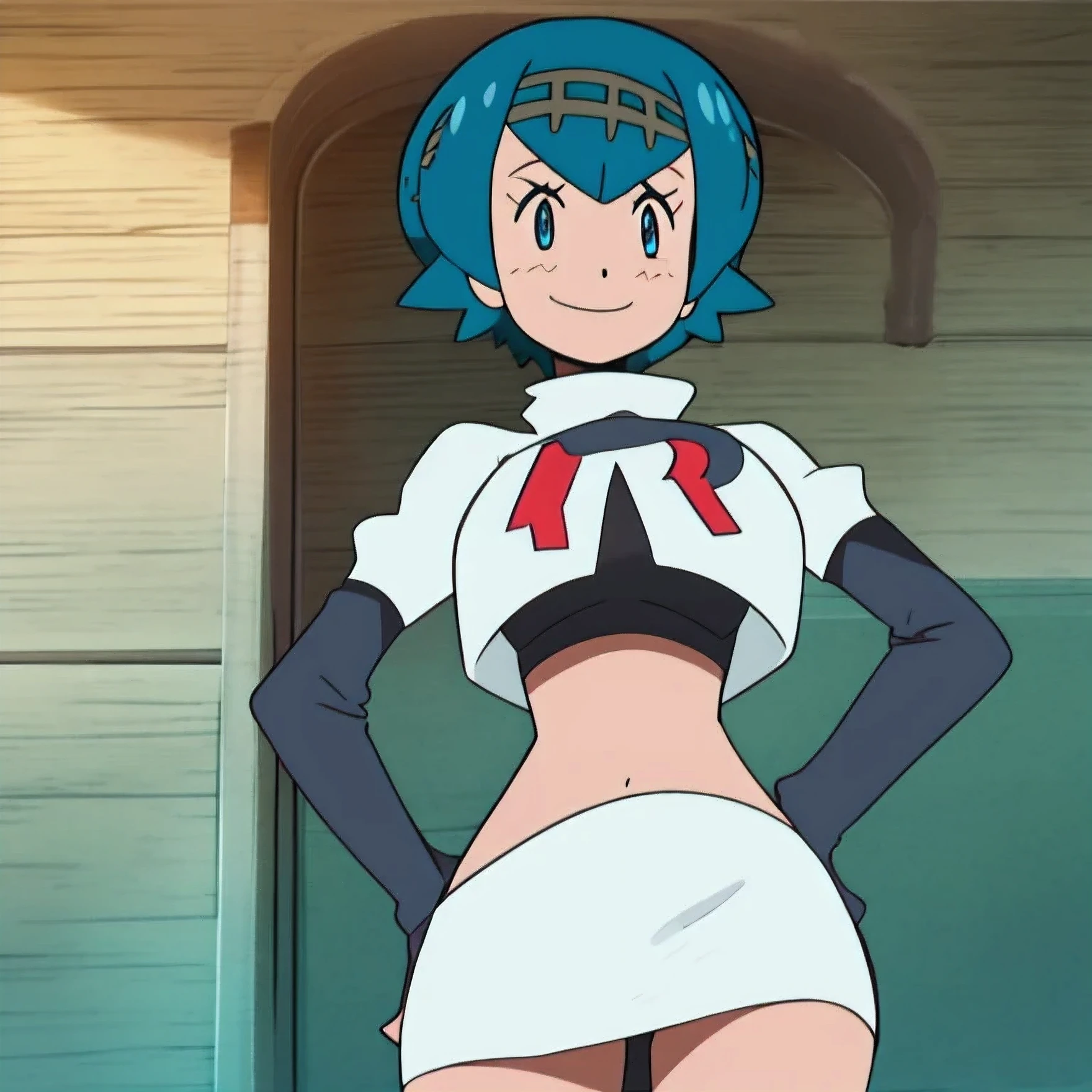 8k,1girl in, (solo:1.1), (perfect body:1.1), (best quality:1.1), very large breast, team rocket, team rocket uniform, red letter r, white skirt,white crop top,black thigh-high boots, black elbow gloves, smiling, looking down at viewer, hands on hips,zettai ryouiki,cowboy shot
