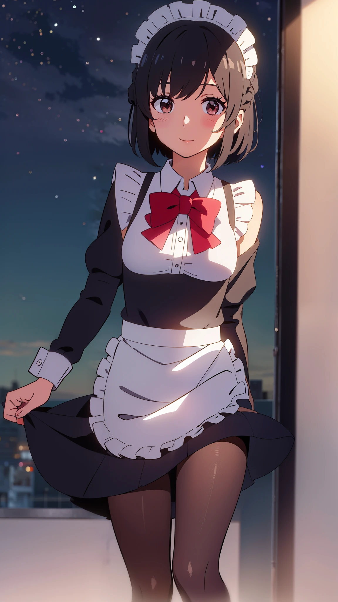 shinkai makoto, kimi no na wa., 1girl, bangs, black hair, short hair, blush, brown eyes, looking at the viewer, ((girl wear maid dress, Off-the-shoulders, short dress, short skirt, maid headdress)), red bow, red ribbon, smile, cute, happy, fun, joyful, school, outdoors, night, night sky, cloudy, dynamic lights, upper body