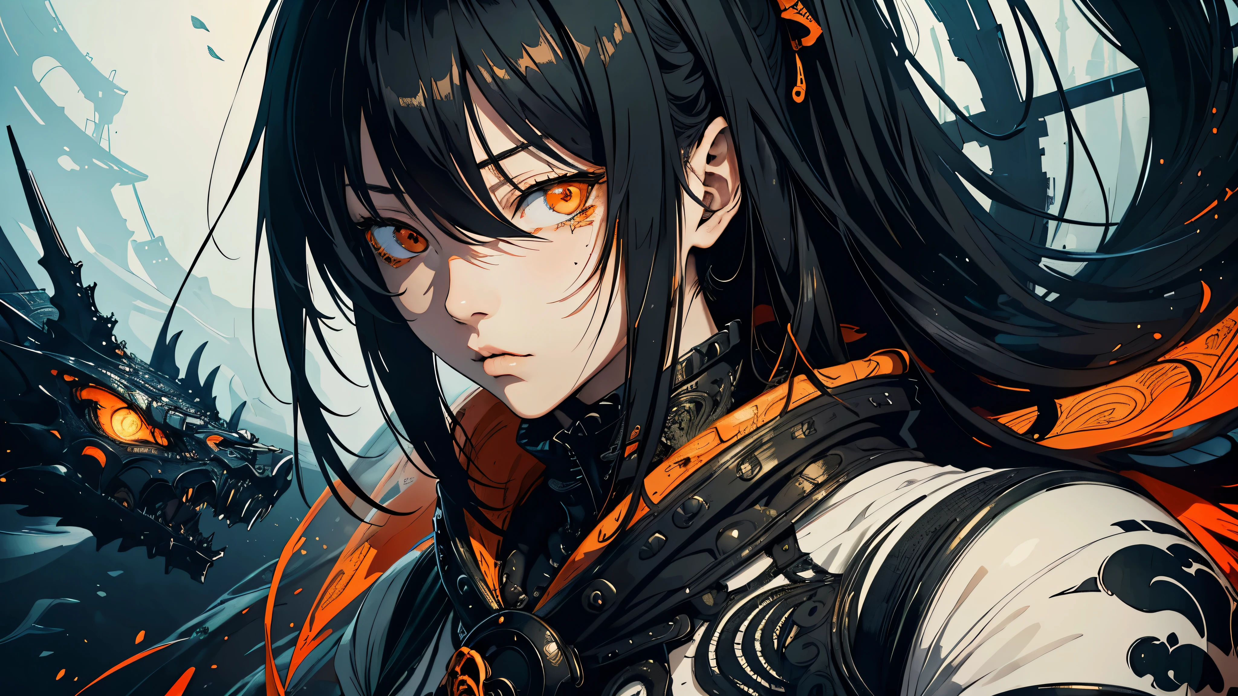 style of Tsutomu Nihei,(incredibly absurdres, (high resolution:1.18), intricate detail, (masterpiece:1.1), (highest quality:1.1), absurdres),(1girl, portrait, black hair, orange eyes, long hair, detailed eyes),