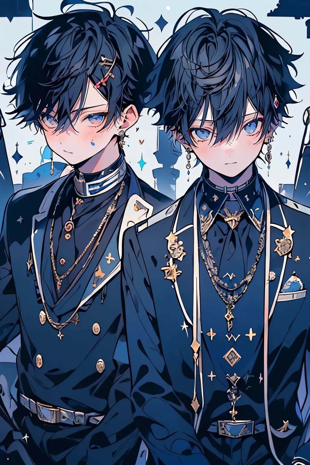 (muste piece), (best quality), very detailed, (((Two friendly high school boys:1.5))), perfect face, beautiful face, very detailed face，(dark blue haired man:1.3)，(black haired man:1.3)，School，classroom，student uniform，tie，shirt