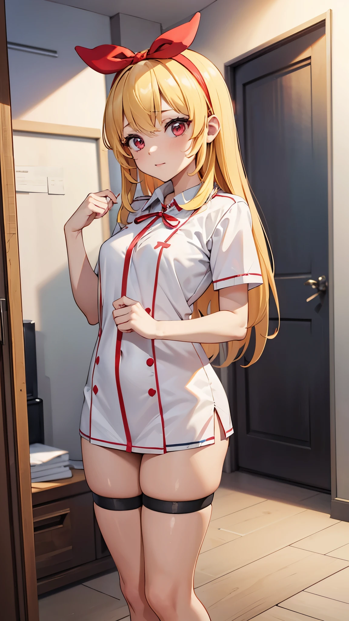 (nsfw:0.7),(RED Ribbon on HAIRband:1.2),female , small breasts, , Blonde hair, RED eyes, masterpiece best quality anime style 4k beautiful face(1girl Change of clothes for nurse costume)((take off under wear in dressing room))