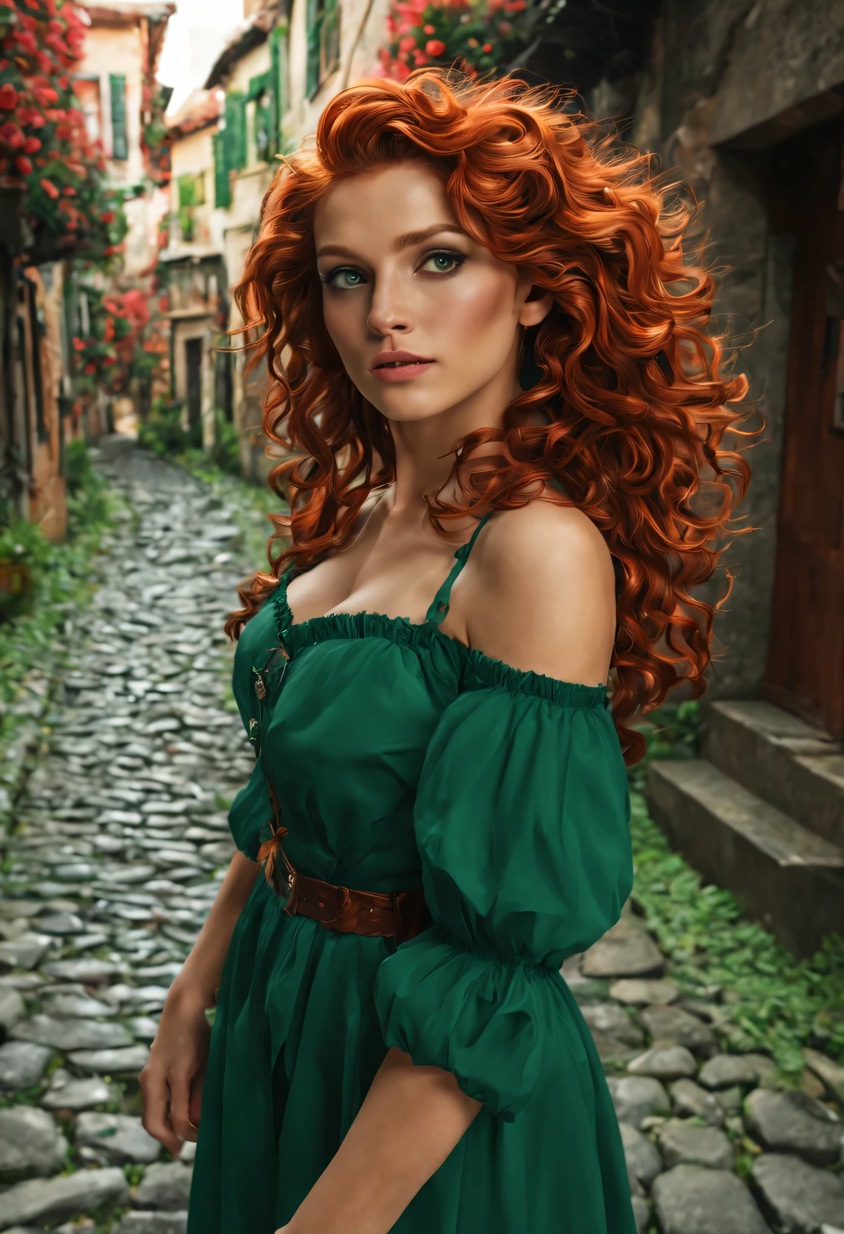 [best quality,highres:1.2],ultra-detailed,(realistic:1.37),(mid day),(vivid colors, rich coloredieval:1.1) female waif, large tits, [pretty detailed face:(1.1)],long [red curly hair, detailed curls:1.1], (emerald green eyes:1.3), walking on [cobblestones, detailed cobblestones:1.1],daytime scene,(nostalgic mood),stock photo, [detailed clothing: 1.1],[detailed surroundings:1.1],[shadowy alley, [mysterious ambiance:1.1], (full body picture:1.6).

Notice：This is just a sample prompt，You can add based on your own judgment and imagination、Delete or fine-tune tags，to get a picture description you think is more suitable。
