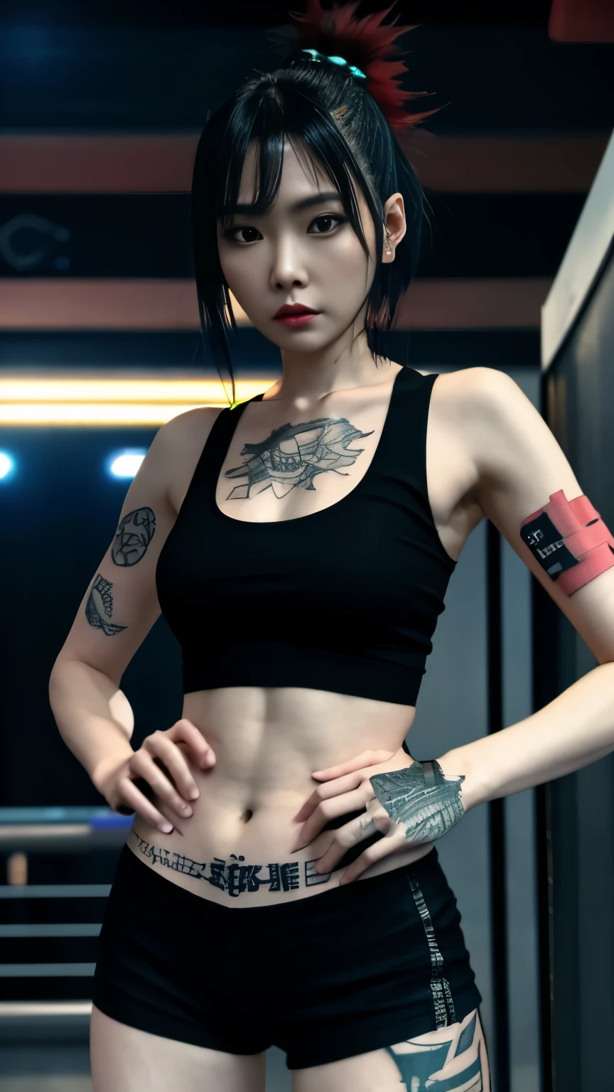 (highest quality),masterpiece,Super detailed,8K, UHD,Beautiful woman,japanese woman,No expression,whole body,((tattoo)),slim,black slacks,white tank top,(female mafia),gangster,(cyberpunk city),night,cinematic lightening,underworld