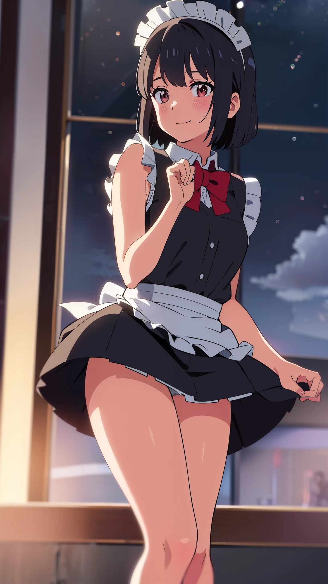 shinkai makoto, kimi no na wa., 1girl, bangs, black hair, short hair, blush, brown eyes, looking at the viewer, ((girl wear maid dress, Off-the-shoulders, short dress, short skirt, maid headdress)), red bow, red ribbon, smile, cute, happy, fun, joyful, school, outdoors, night, night sky, cloudy, dynamic lights, upper body