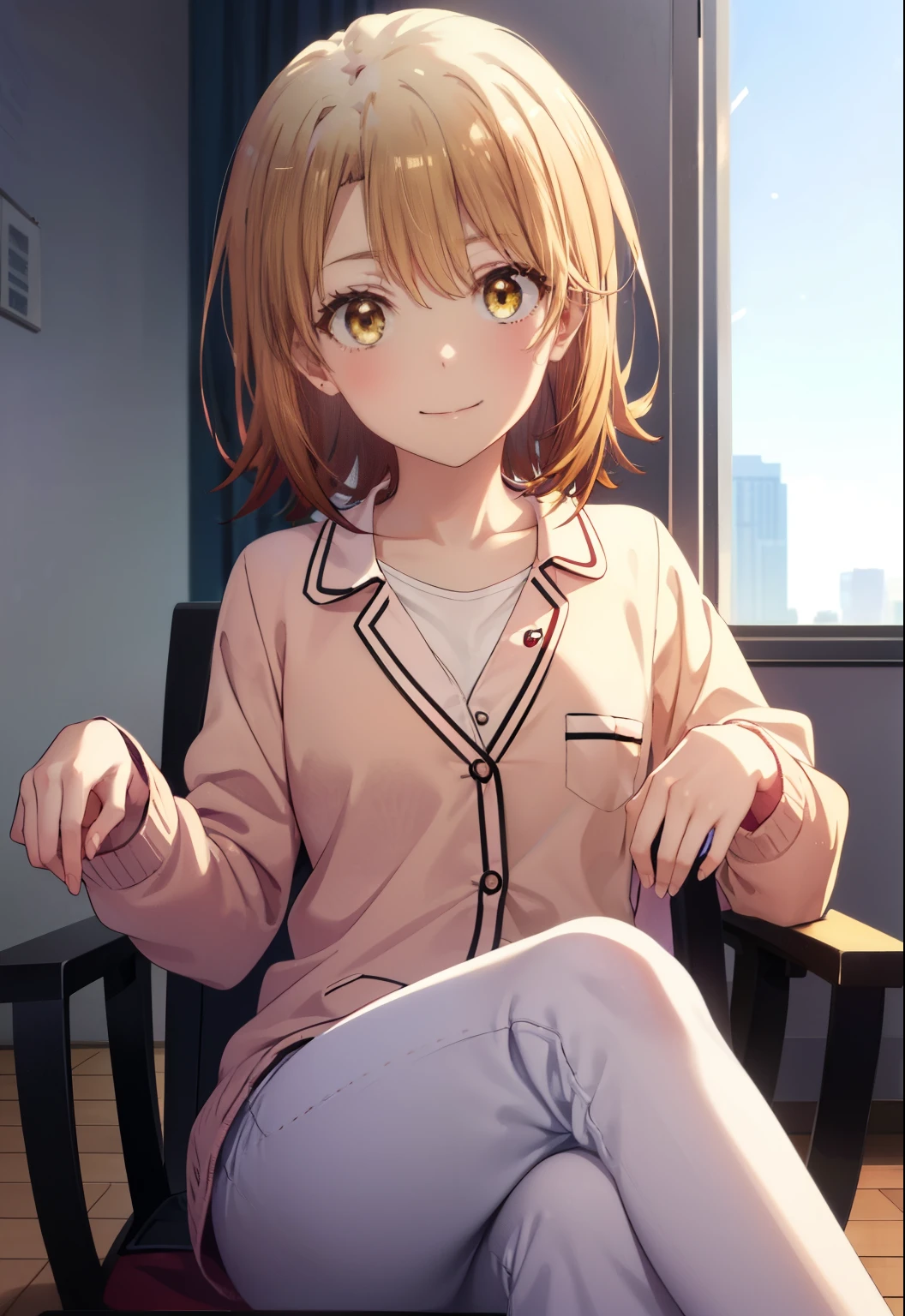 irohaisshiki, iroha isshiki, short hair, brown hair, (brown eyes:1.5), smile,smile,T-shirt,short pajama pants,thin long cardigan　The front is open,barefoot,テーブルの上にmorning食セットが置いてある,window　building street,Sunlight through the gap between buildings,morning,sunrise,sitting cross-legged on a chair,
break indoors, living,
break looking at viewer,
break (masterpiece:1.2), highest quality, High resolution, unity 8k wallpaper, (figure:0.8), (detailed and beautiful eyes:1.6), highly detailed face, perfect lighting, Very detailed CG, (perfect hands, perfect anatomy),