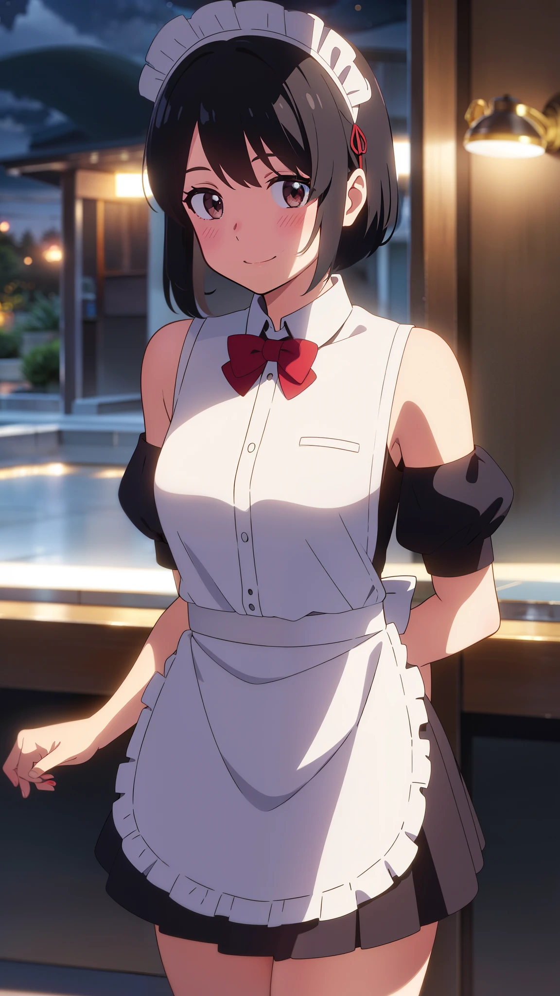 shinkai makoto, kimi no na wa., 1girl, bangs, black hair, short hair, blush, brown eyes, looking at the viewer, ((girl wear maid dress, Off-the-shoulders, short dress, short skirt, maid headdress)), red bow, red ribbon, smile, cute, happy, fun, joyful, school, outdoors, night, night sky, cloudy, dynamic lights, upper body
