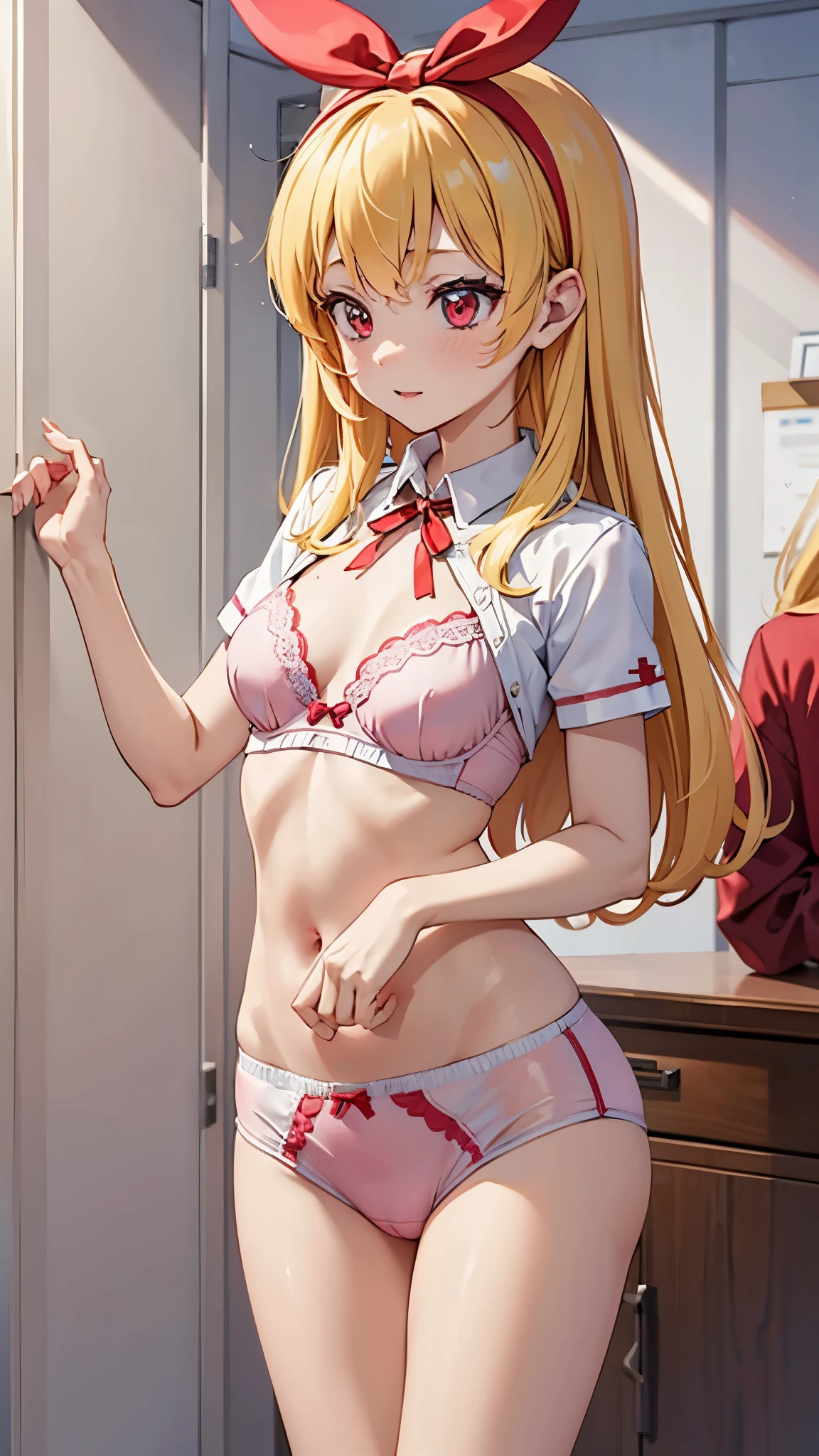 (nsfw:0.7),(RED Ribbon on HAIRband:1.2),female , small breasts, , Blonde hair, RED eyes, masterpiece best quality anime style 4k beautiful face(1girl Change of clothes for nurse costume)((take off under wear in dressing room))