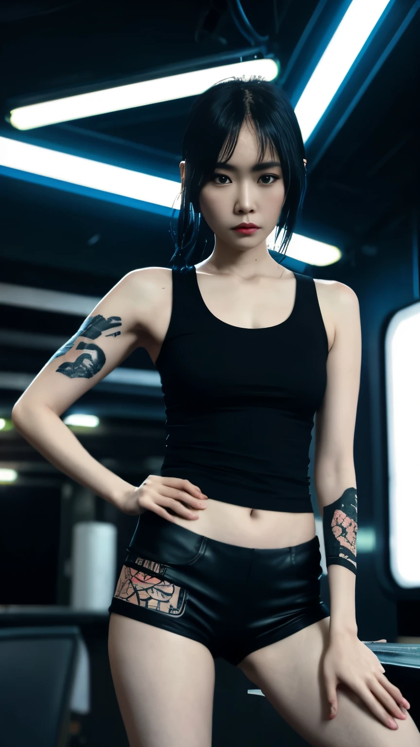 (highest quality)，masterpiece，Super detailed，8K, UHD，Beautiful woman，japanese woman，No expression，whole body，((tattoo))，slim，black slacks，white tank top，(female mafia)，gangster，(cyberpunk city)，night，cinematic lightening，underworld