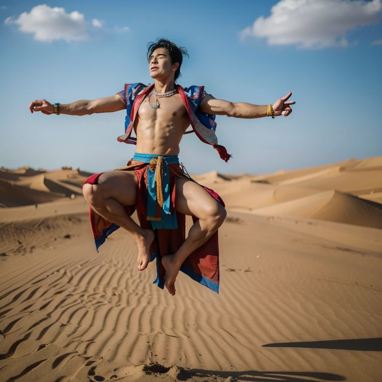 (Best quality, masterpiece: 1.2), a Chinese male, 20 years old, Dunhuang costume, muscle flying sky, muscle bodhisattva, full of muscles, flying costume, muscle bodhisattva, with head halo, Dunhuang male flying sky, gorgeous, bright, Dunhuang style costume, full body portrait, in the Dunhuang desert, beautiful scenery