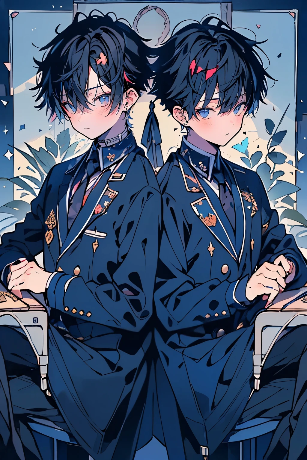 (muste piece), (best quality), very detailed, (((Two friendly high school boys:1.5))), perfect face, beautiful face, very detailed face,(dark blue haired man:1.3),(black haired man:1.3),School,classroom,student uniform,tie,shirt